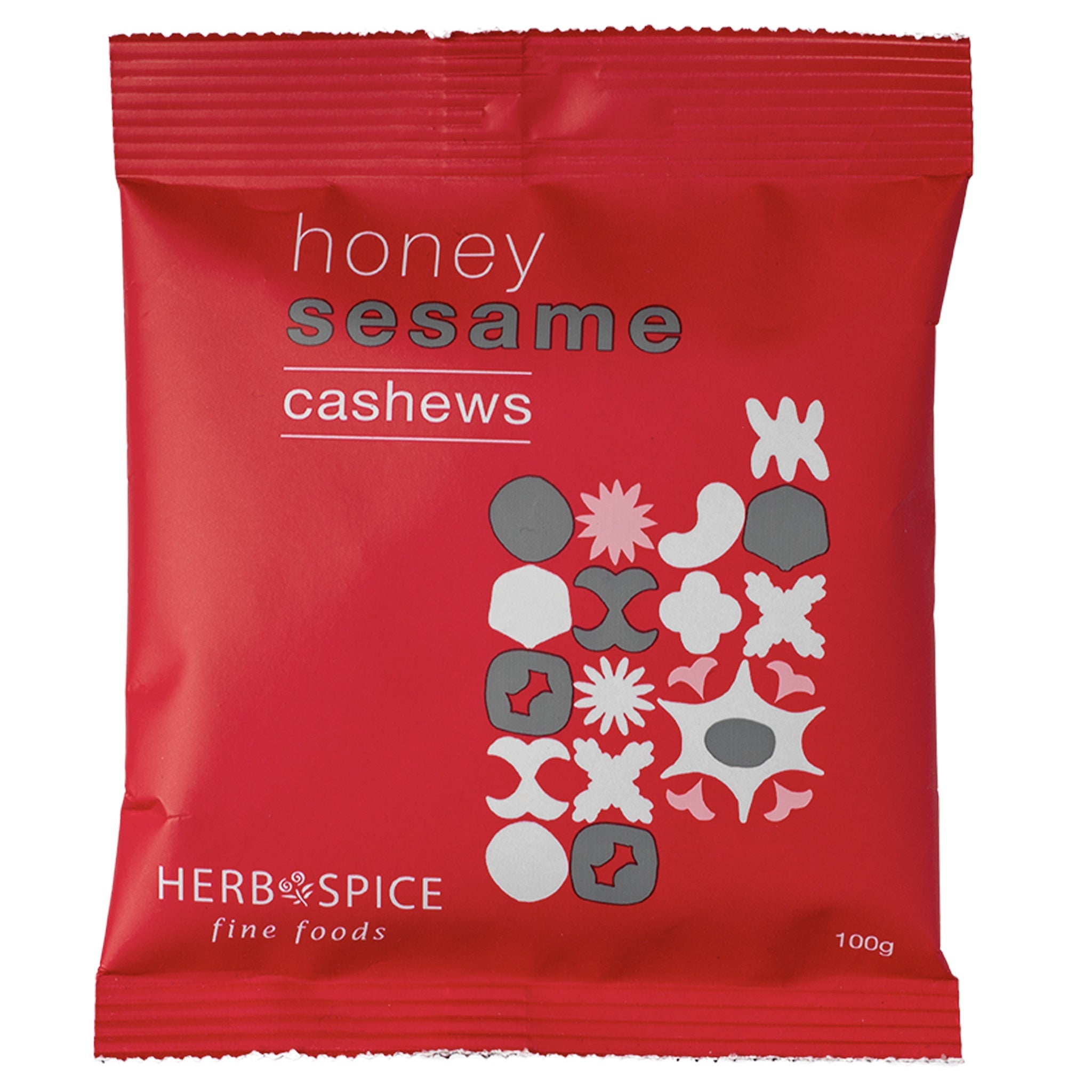 Red package of honey sesame cashews with decorative elements on a white background