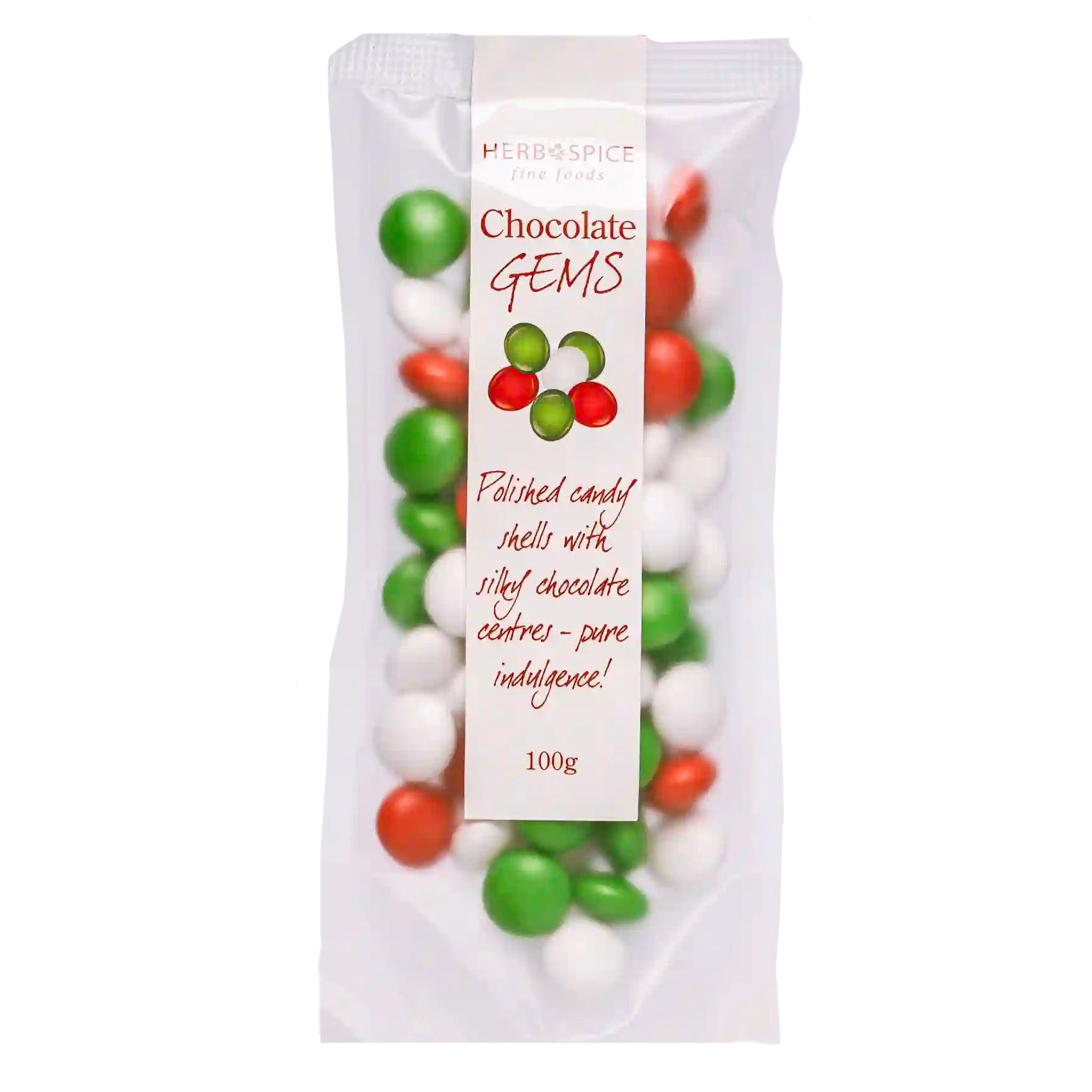 Packaged chocolate gems with a visible brand label on a white background