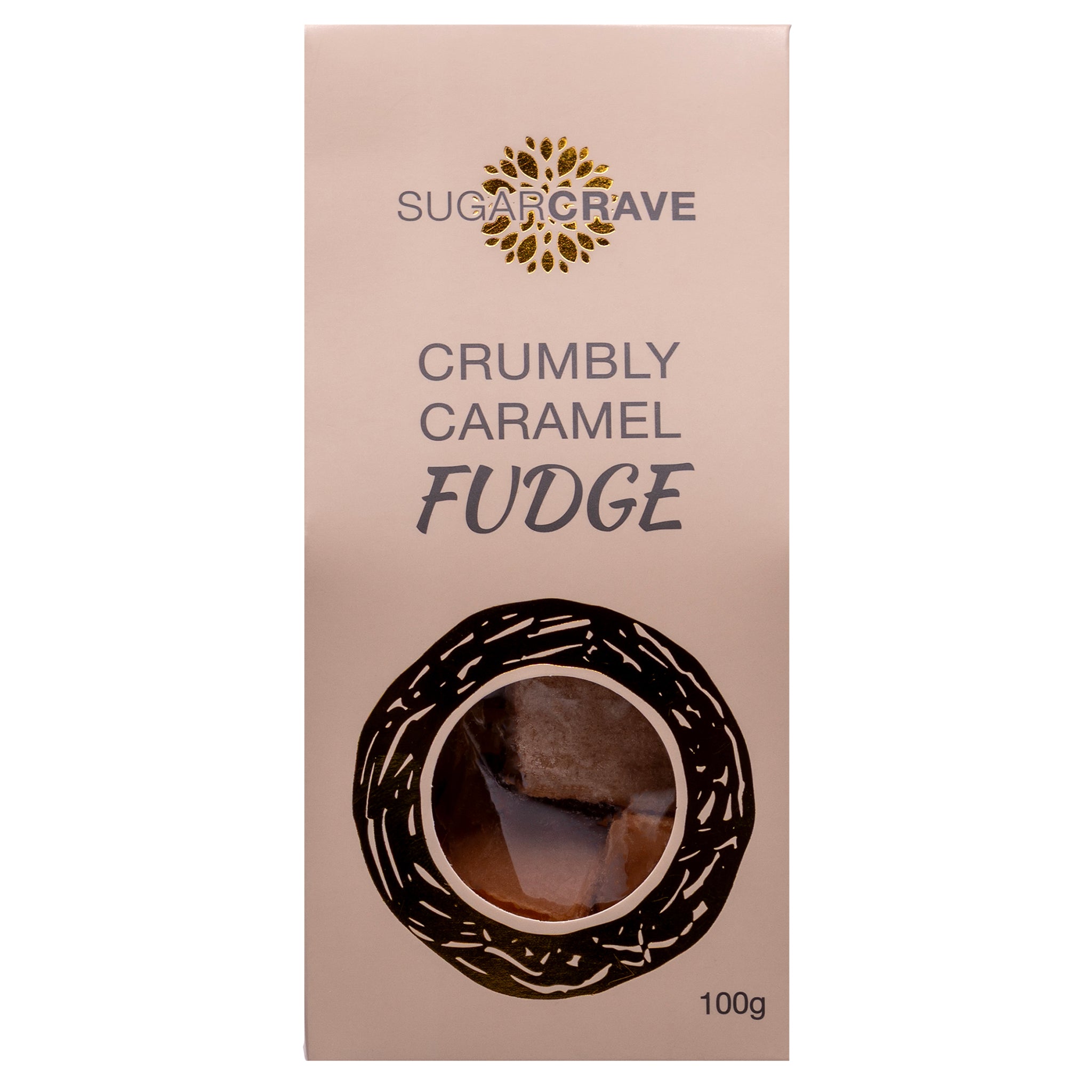Box of Sugar Crave crumbly caramel fudge on a white background