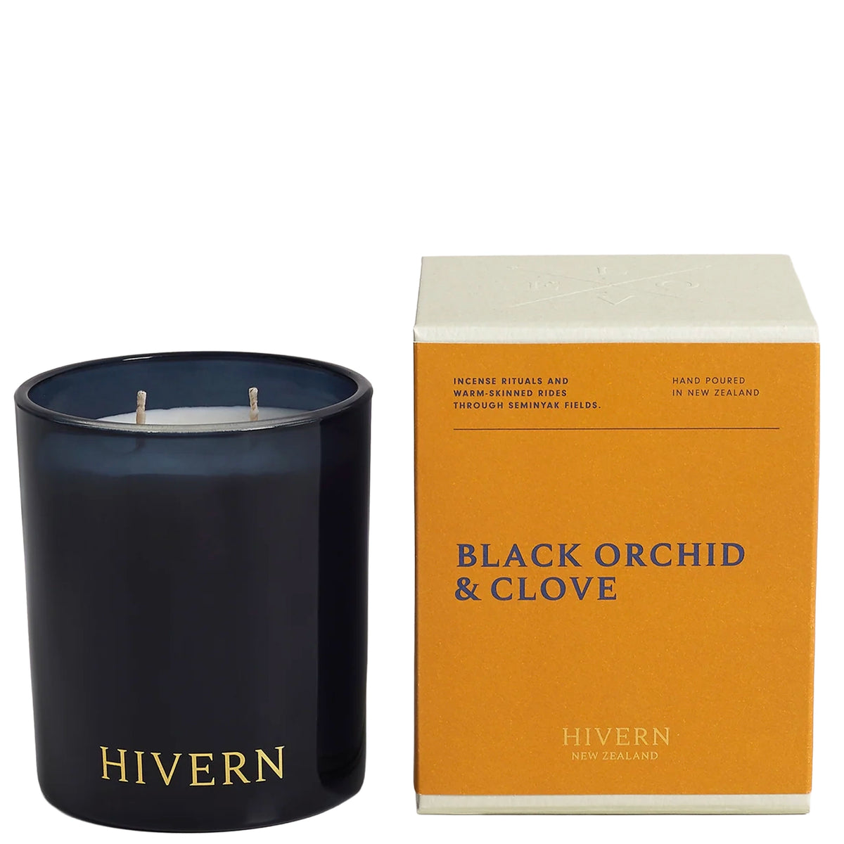 Hivern Candle - Black Orchid & Clove, 300g two-wick soy candle in a dark glass vessel with gift box