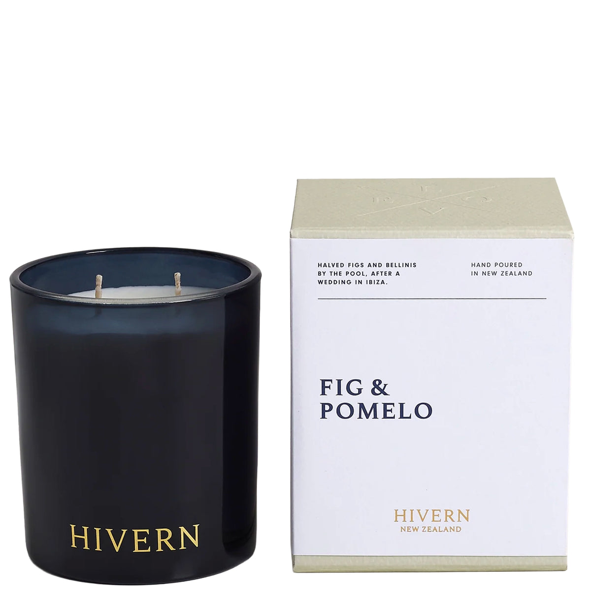 Hivern Candle - Fig & Pomelo, 300g two-wick soy candle in a dark glass vessel with gift box