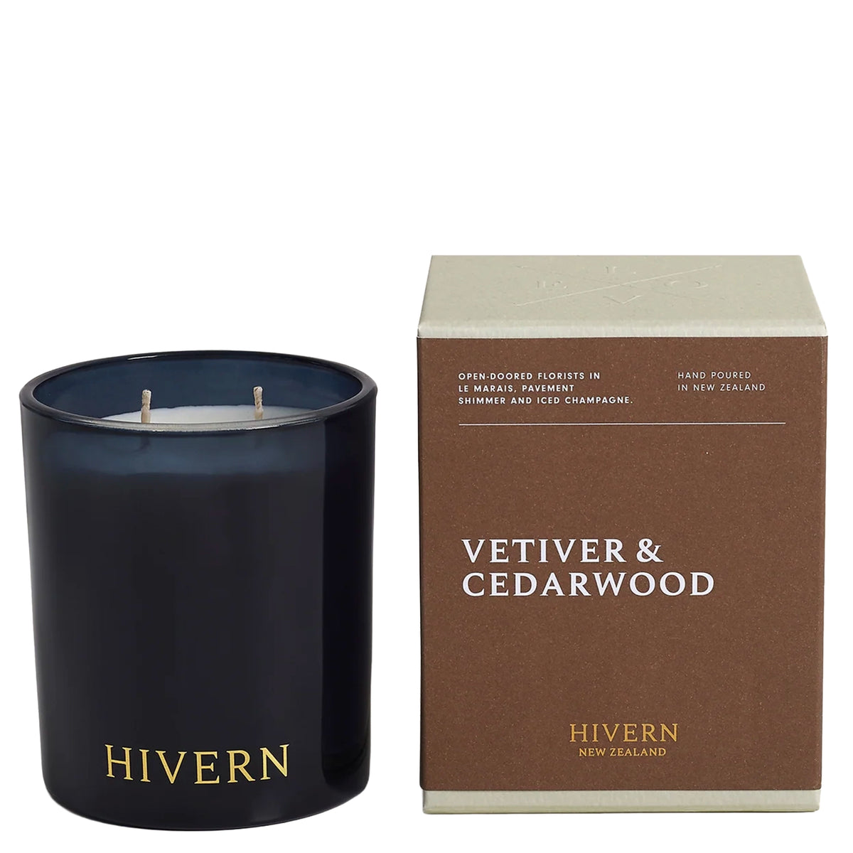 Hivern Candle - Vetiver & Cedarwood, 300g two-wick soy candle in a dark glass vessel with gift box
