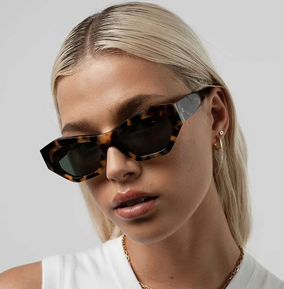 Person wearing tortoiseshell sunglasses with a neutral background