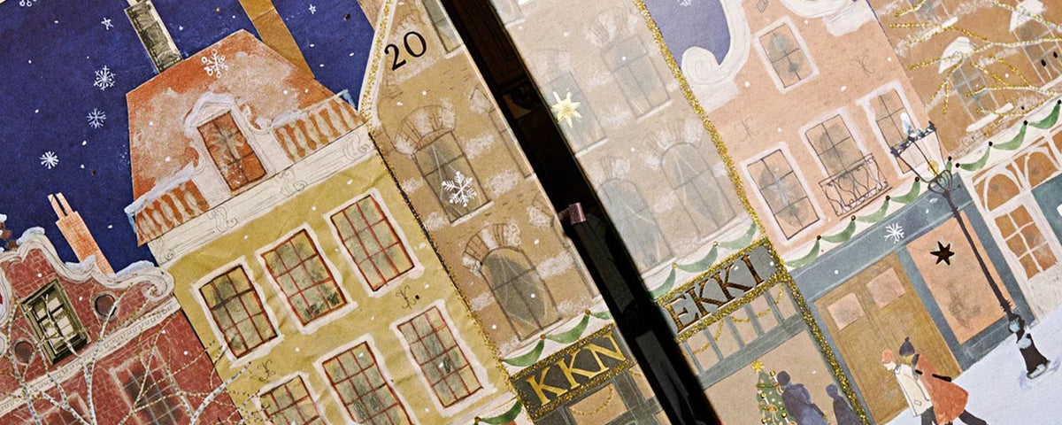 Kknekki hair tie Christmas advent calendar with illustrated snowy European street, Tea Pea homepage