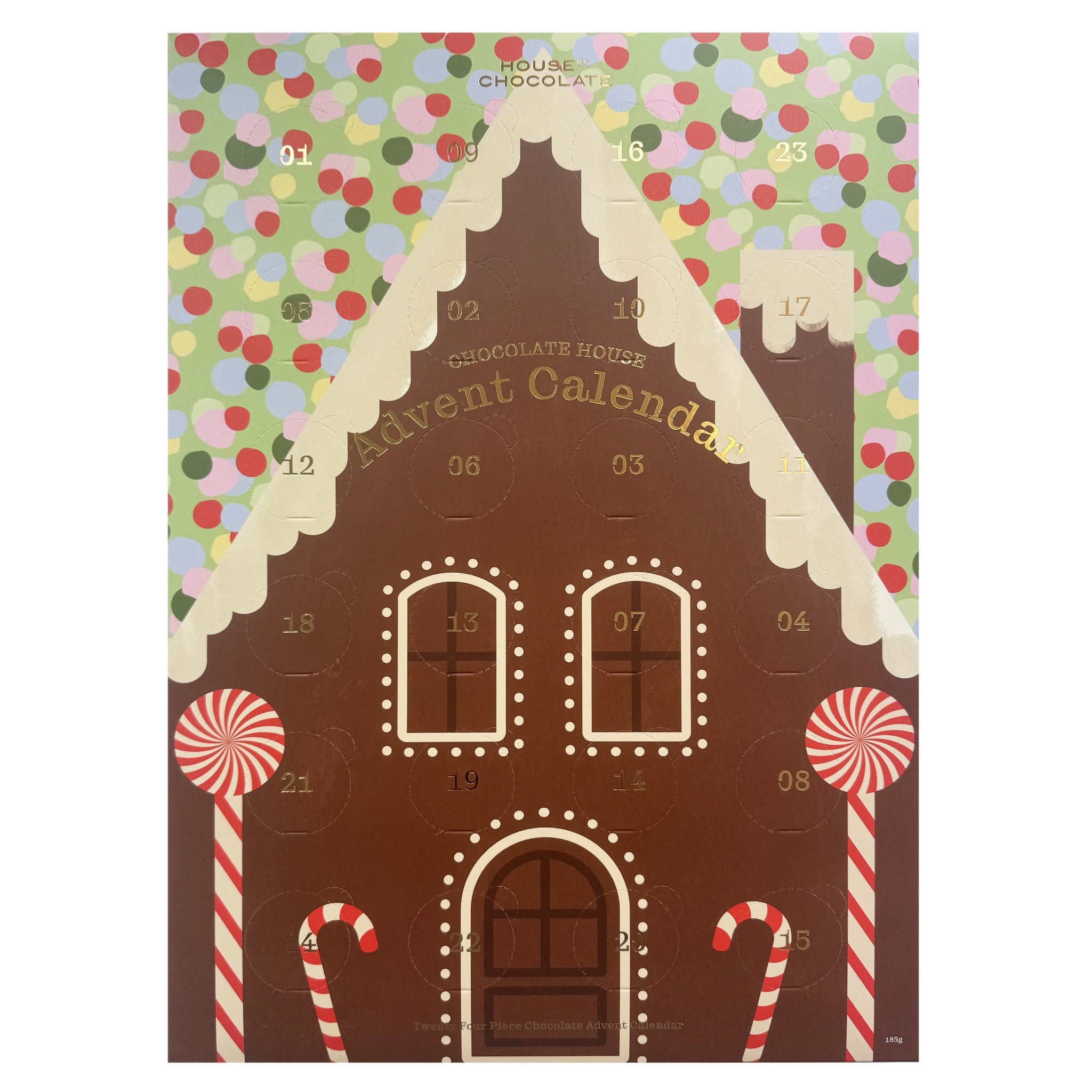 Chocolate house-shaped advent calendar with colorful polka dot border