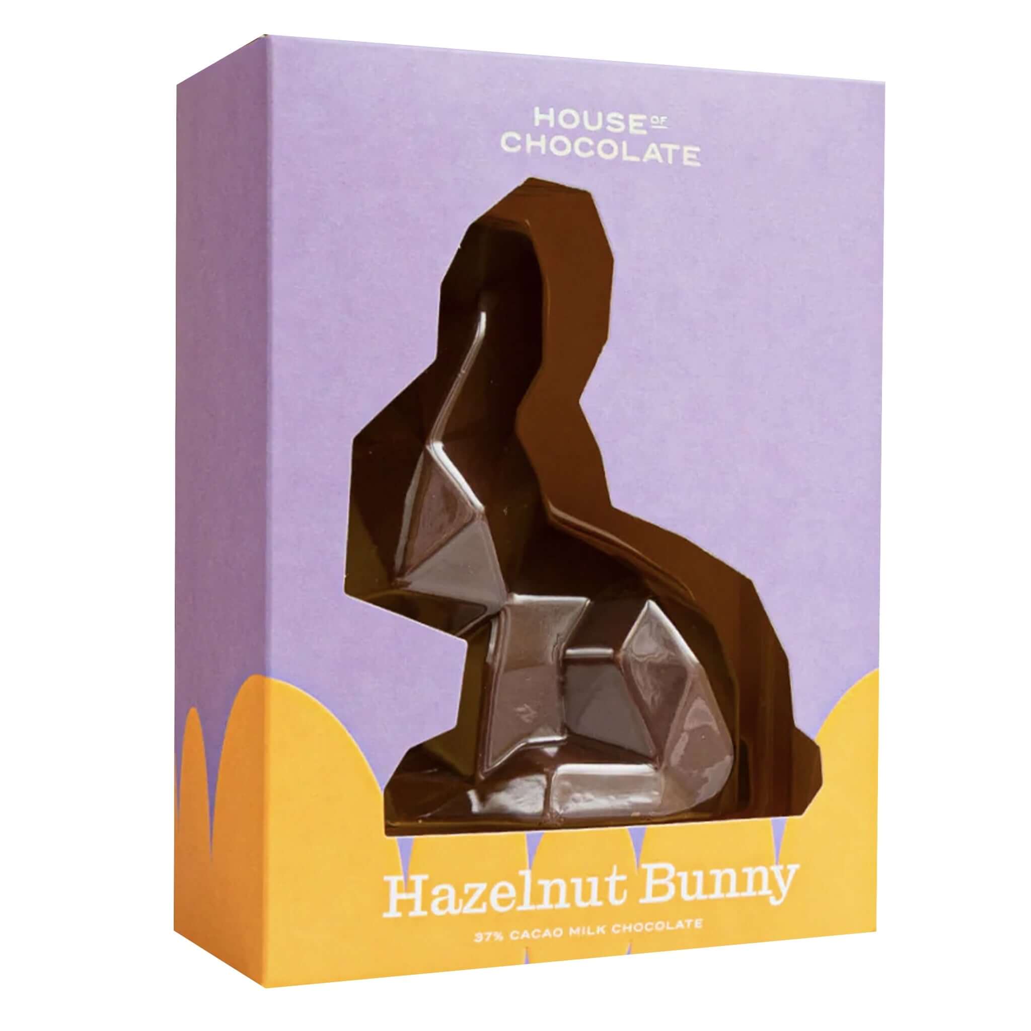 Alt Tag: House of Chocolate Hazelnut Milk Chocolate Bunny in purple gift box, 37% milk chocolate hazelnut Easter bunny
