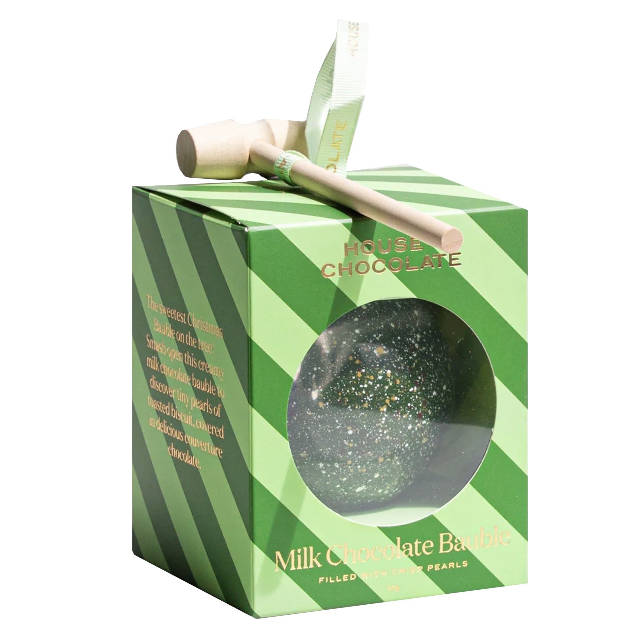Green striped box with a milk chocolate bar and wooden mallet on a white background