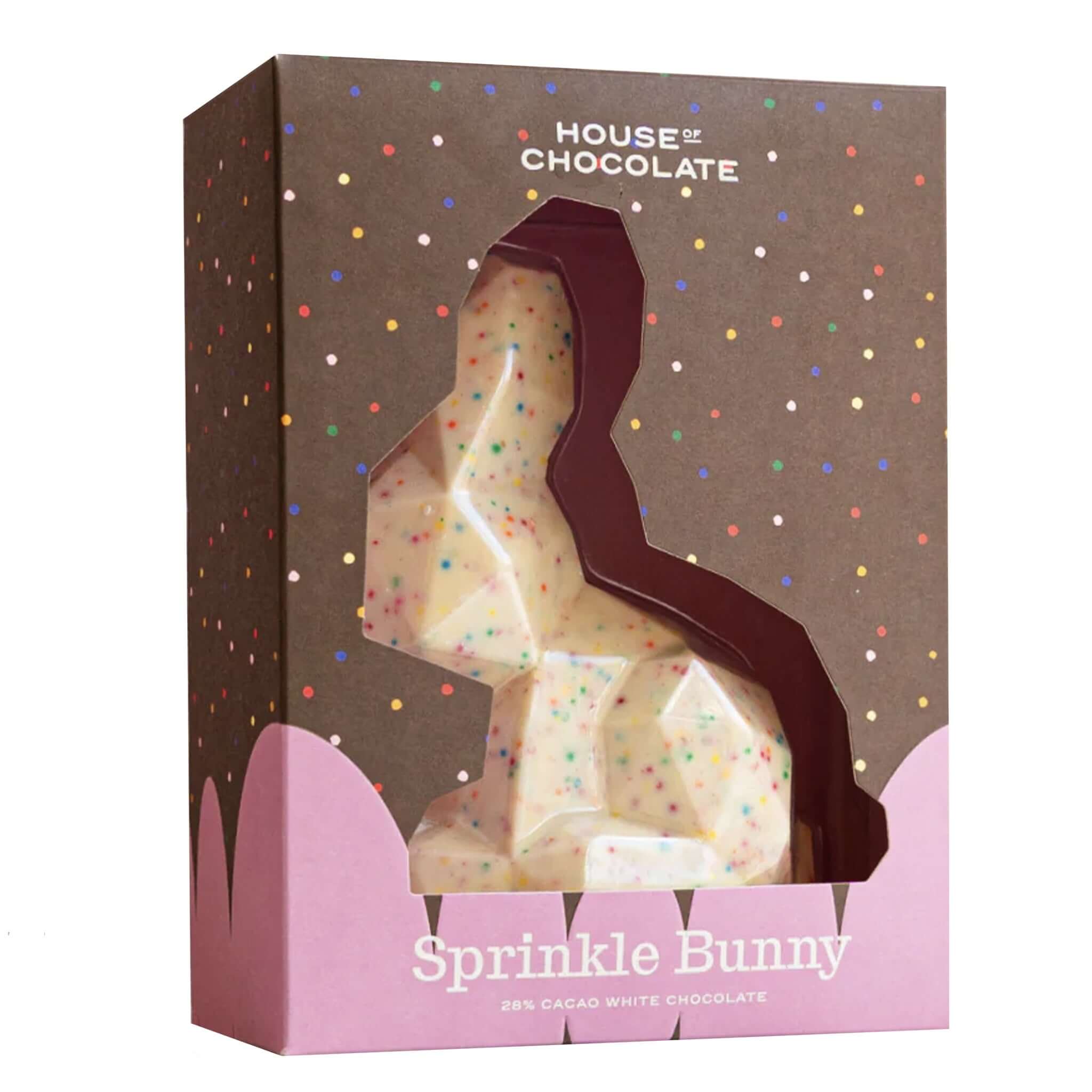 Alt Tag: House of Chocolate Sprinkle White Chocolate Bunny in gift box, 28% cacao white chocolate bunny with colourful sprinkles
