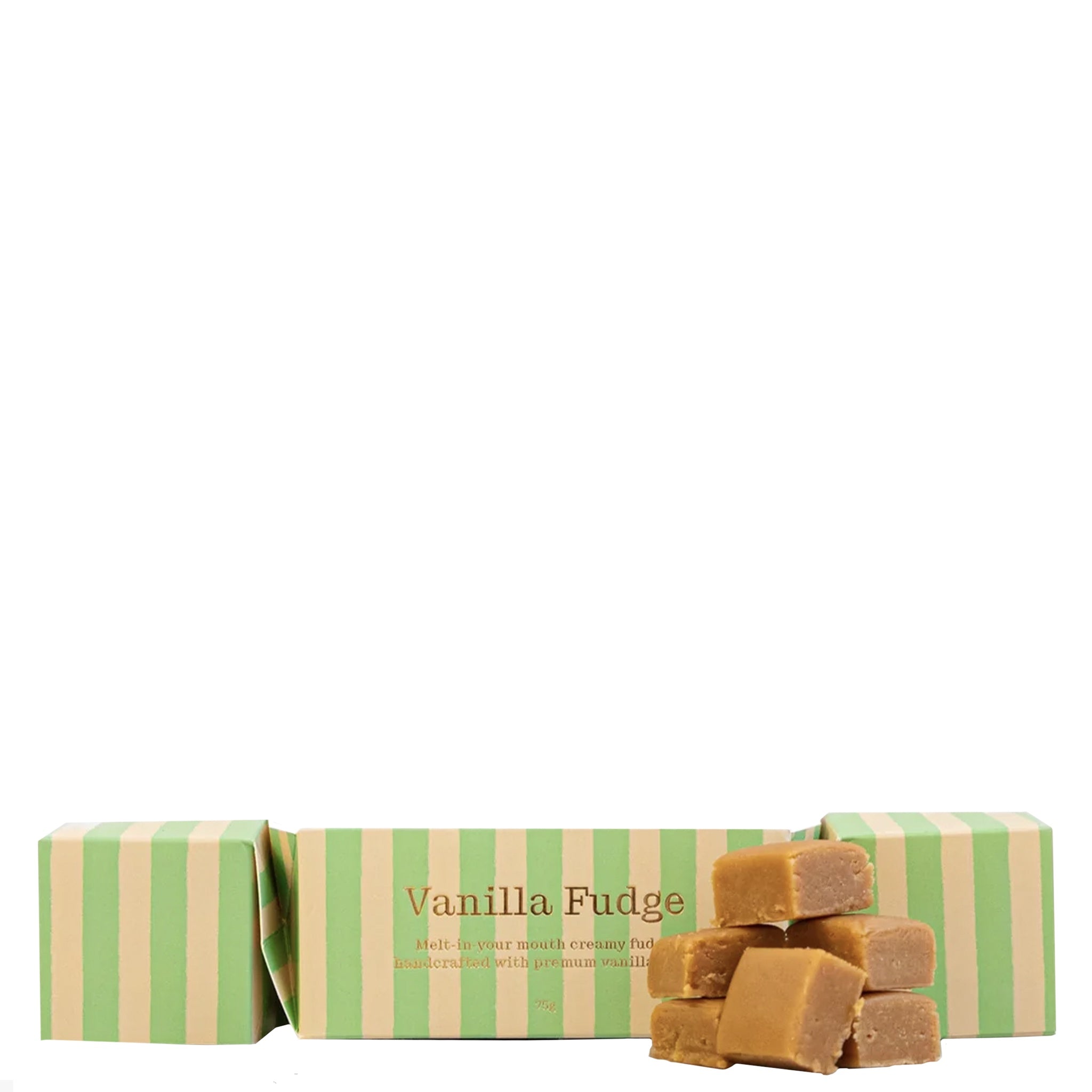 Box of Vanilla Fudge with fudge pieces on a white background