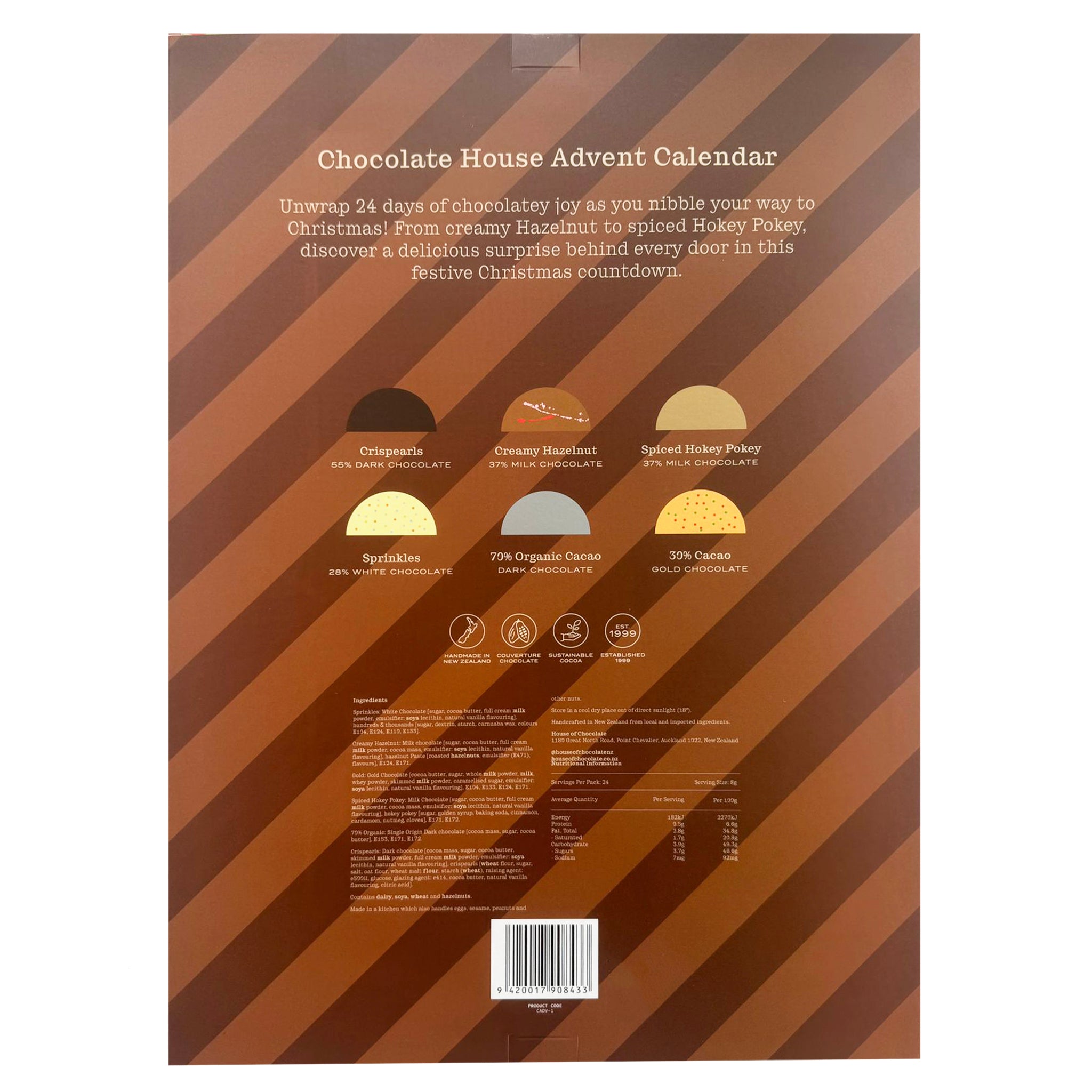 Back of a Chocolate House Advent Calendar packaging with brown diagonal stripes and product names.