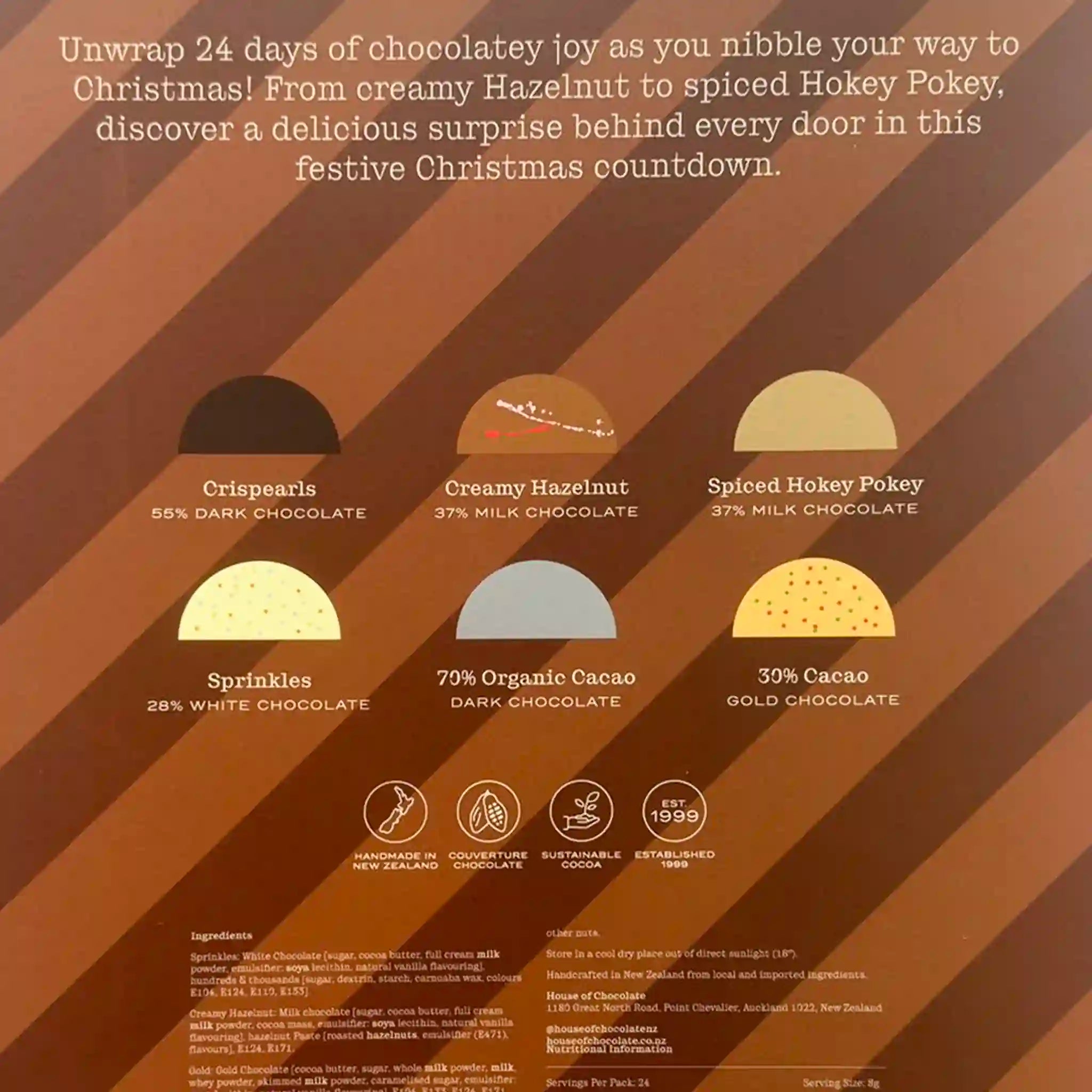 Chocolate flavor lineup with descriptive text on a brown striped background