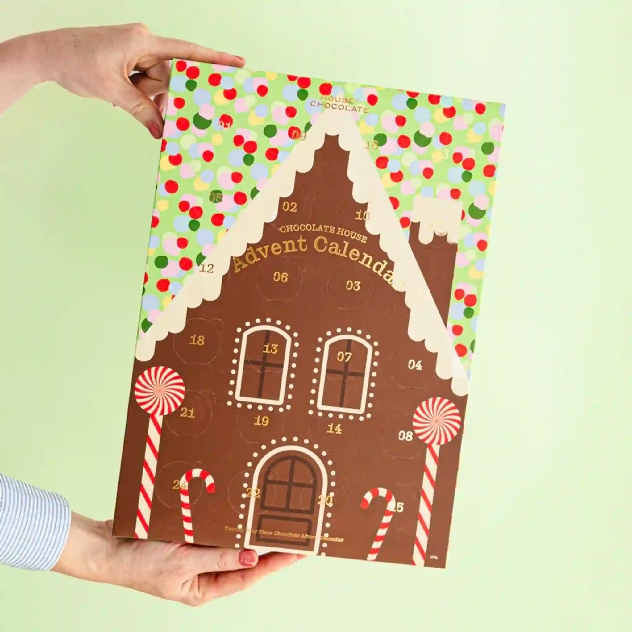 Advent calendar shaped like a gingerbread house held by a person against a light green background