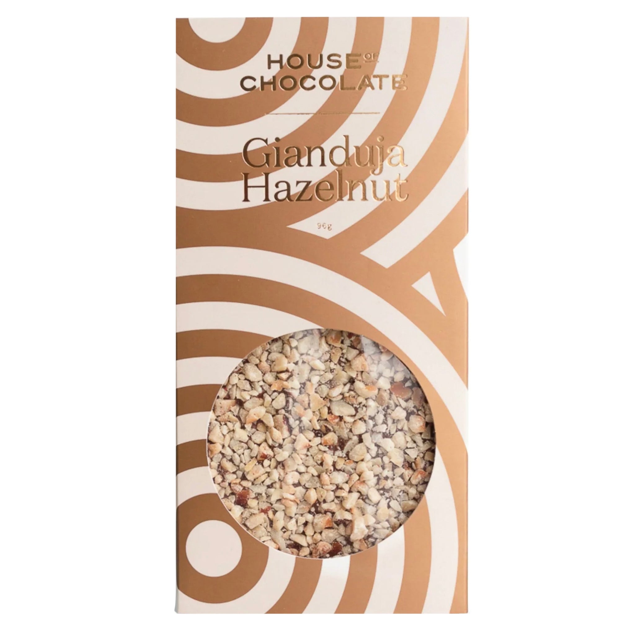 Chocolate bar packaging with 'House of Chocolate' branding and a clear window showing the gianduja hazelnut filling.