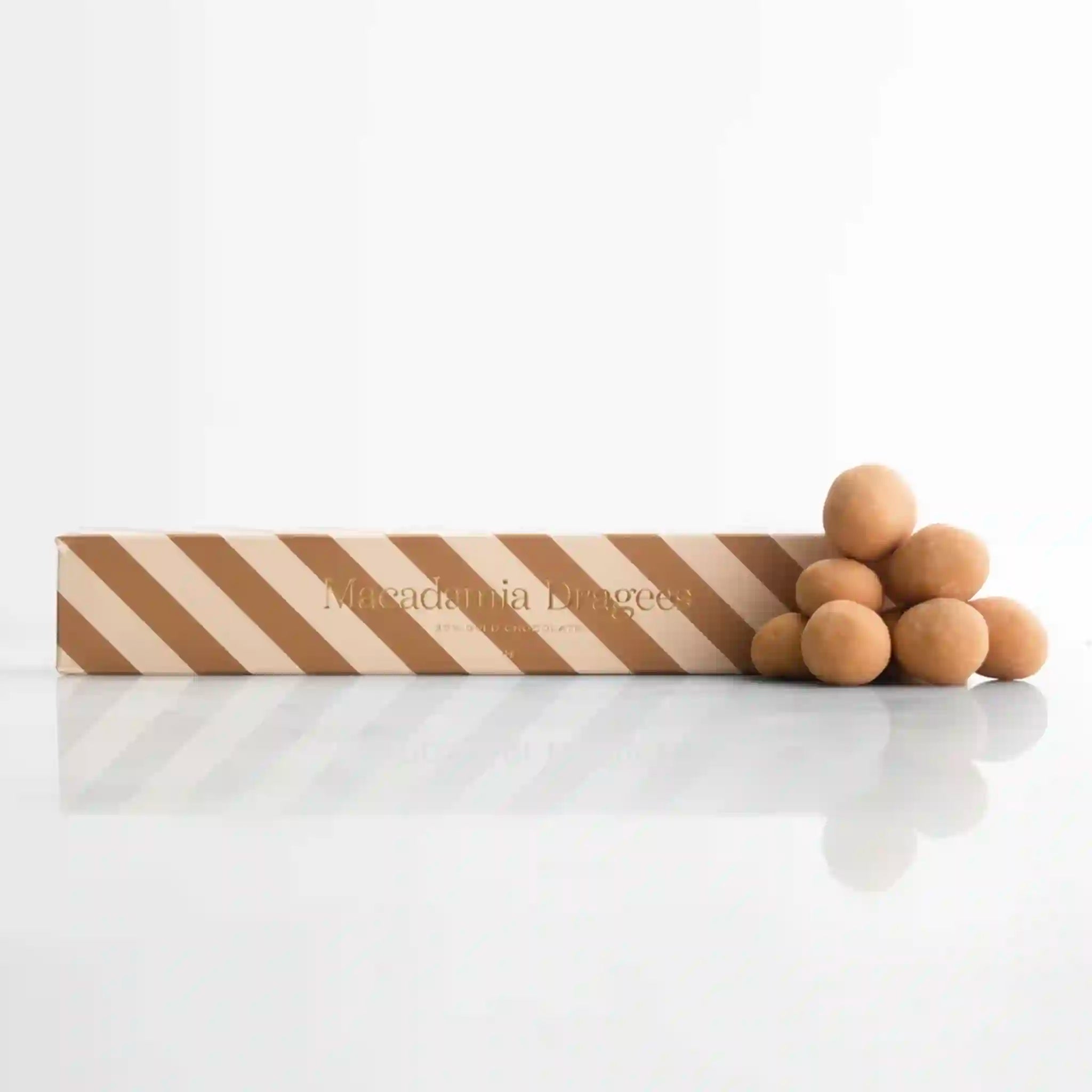 Striped box with chocolate balls on a white background