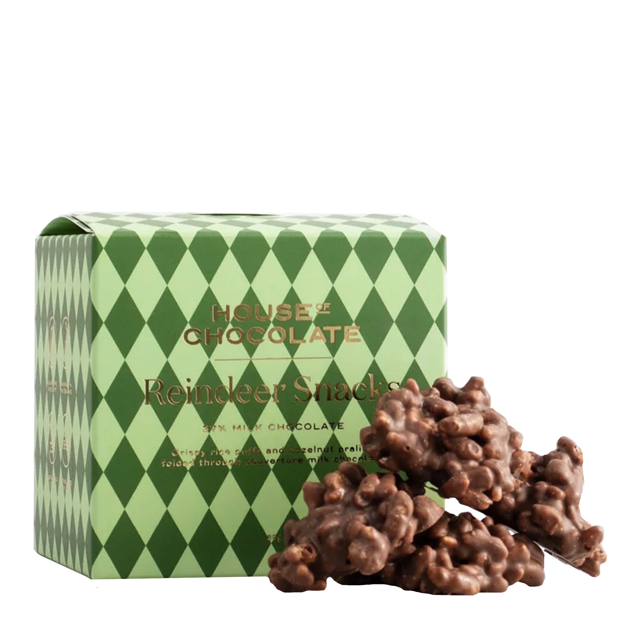 Green patterned box of 'House of Chocolate' Reindeer Snacks on a white background