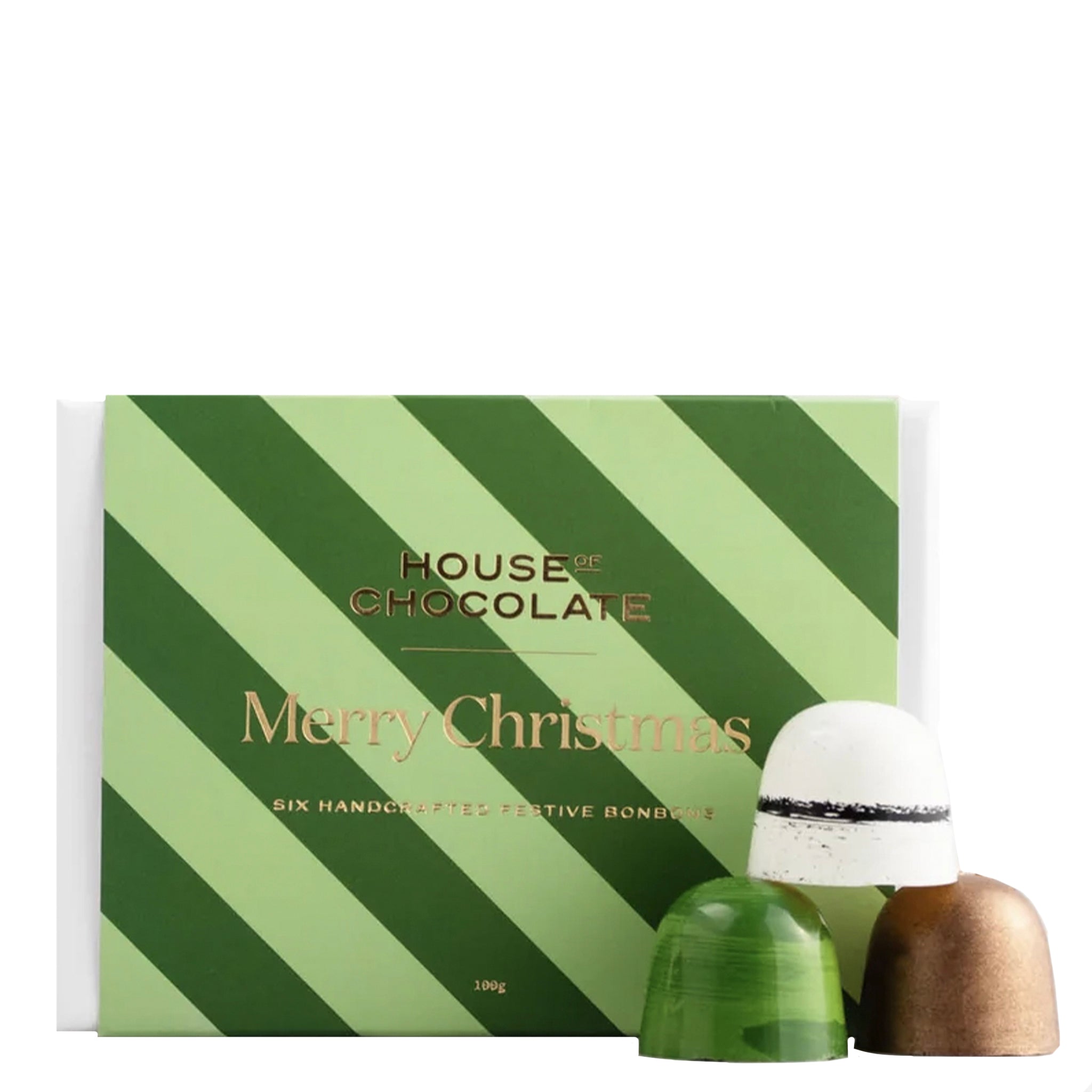 Green striped chocolate box with 'House of Chocolate' branding and two chocolate bonbons on a white background.