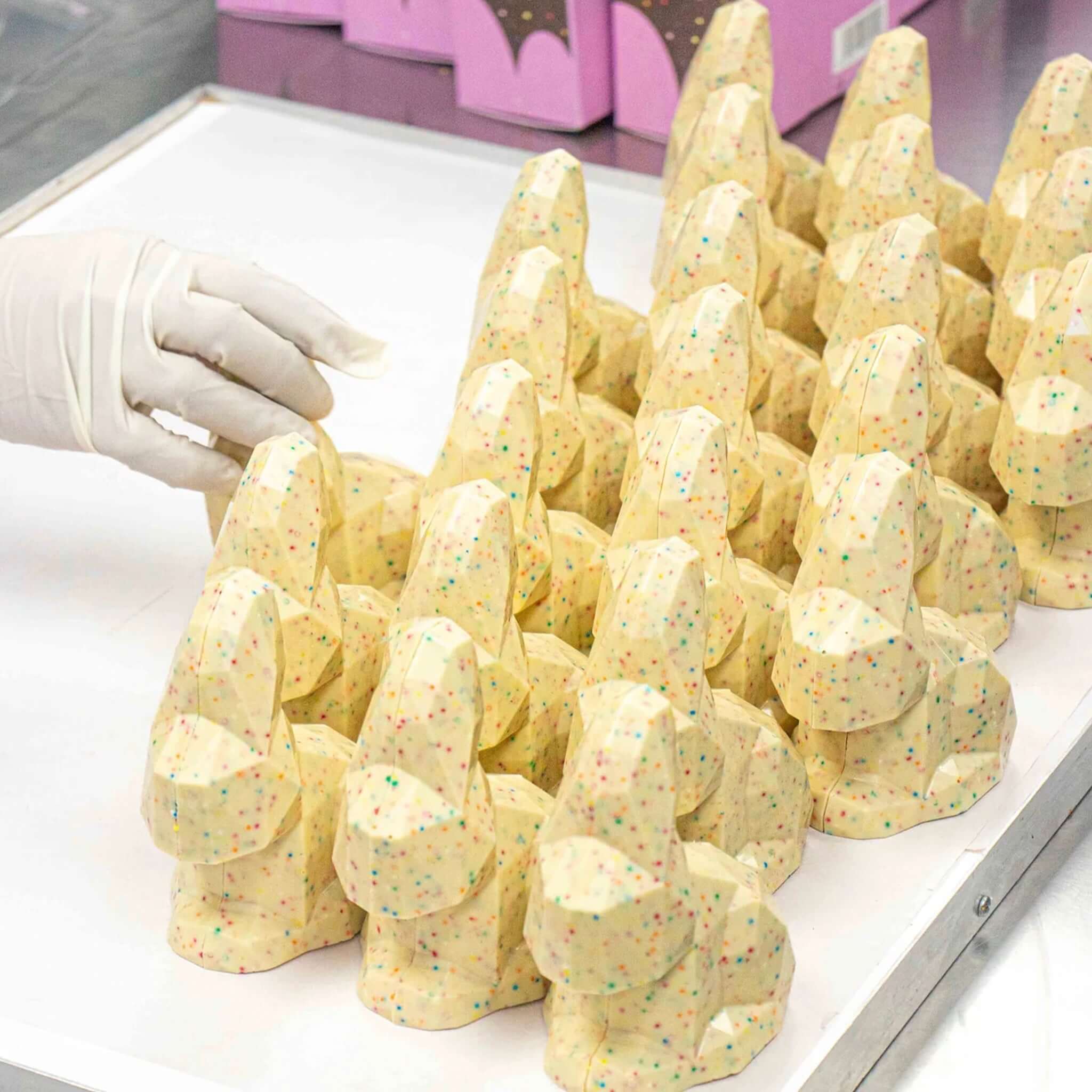 House of Chocolate Sprinkle White Chocolate Bunny hand-poured sprinkle white chocolate bunnies on tray, Easter gift treat