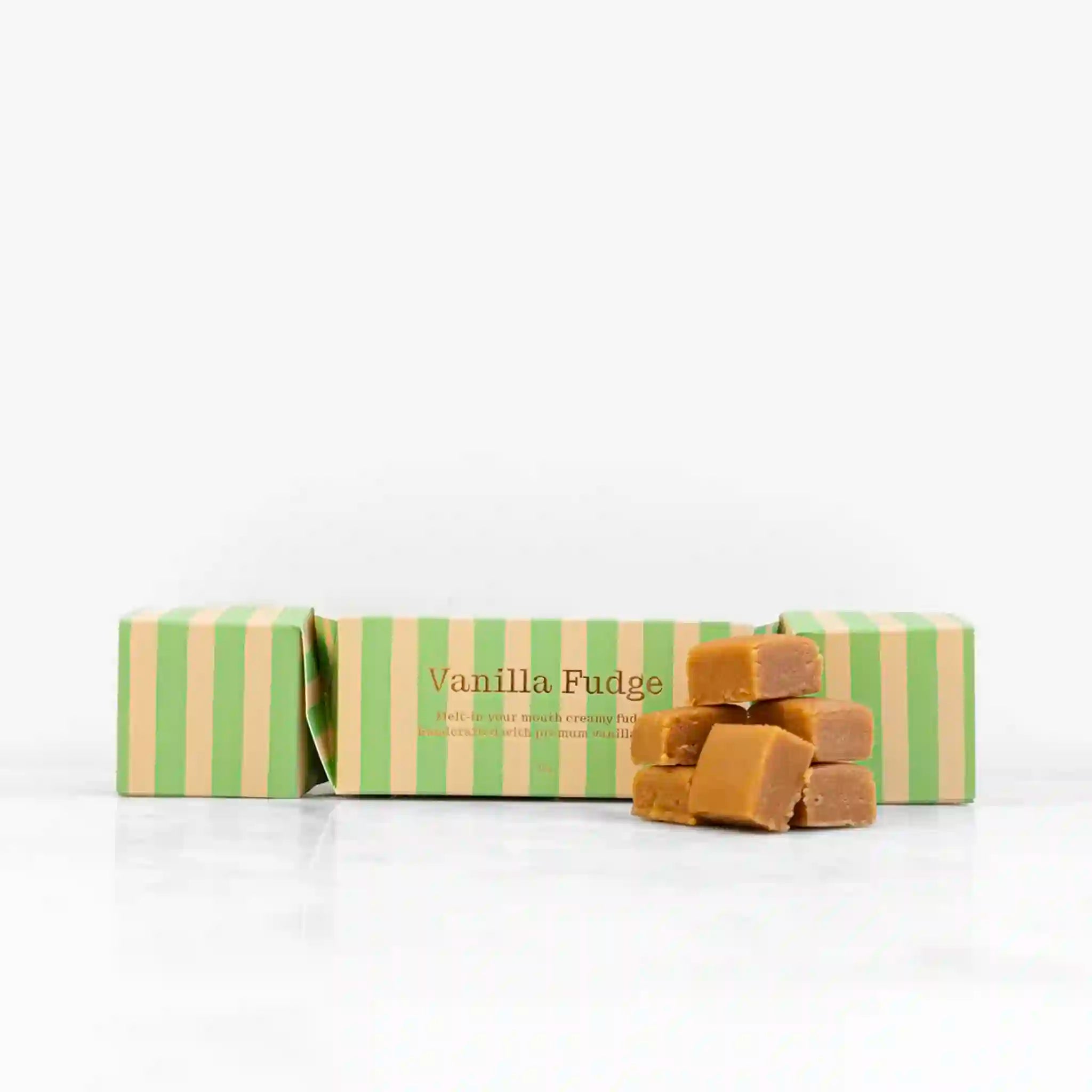 Box of Vanilla Fudge with green and beige striped design on a white background