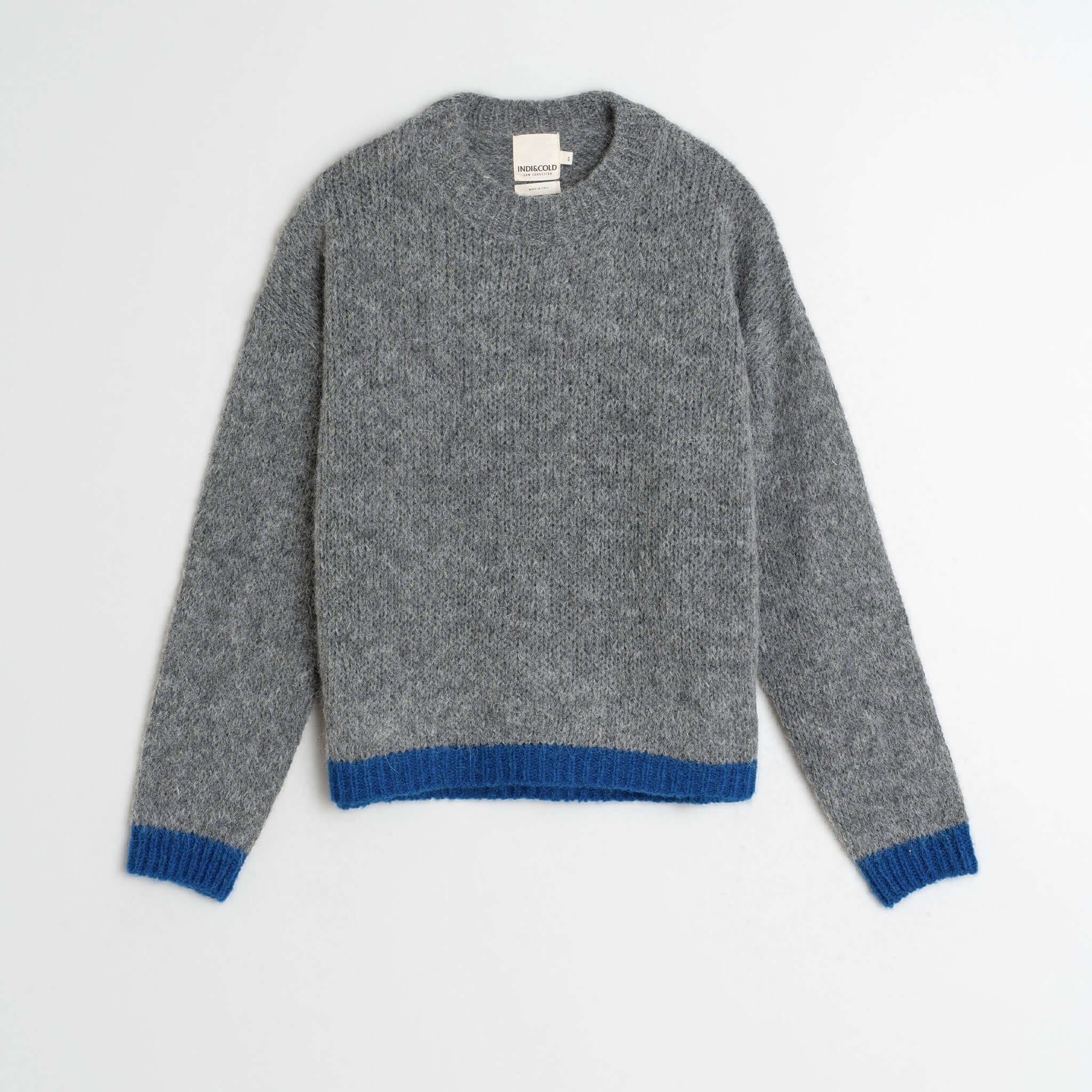 Alt Tag: Indi & Cold Alpaca Blend Jersey - Marengo grey relaxed knit sweater with blue cuffs and hem, dropped shoulders