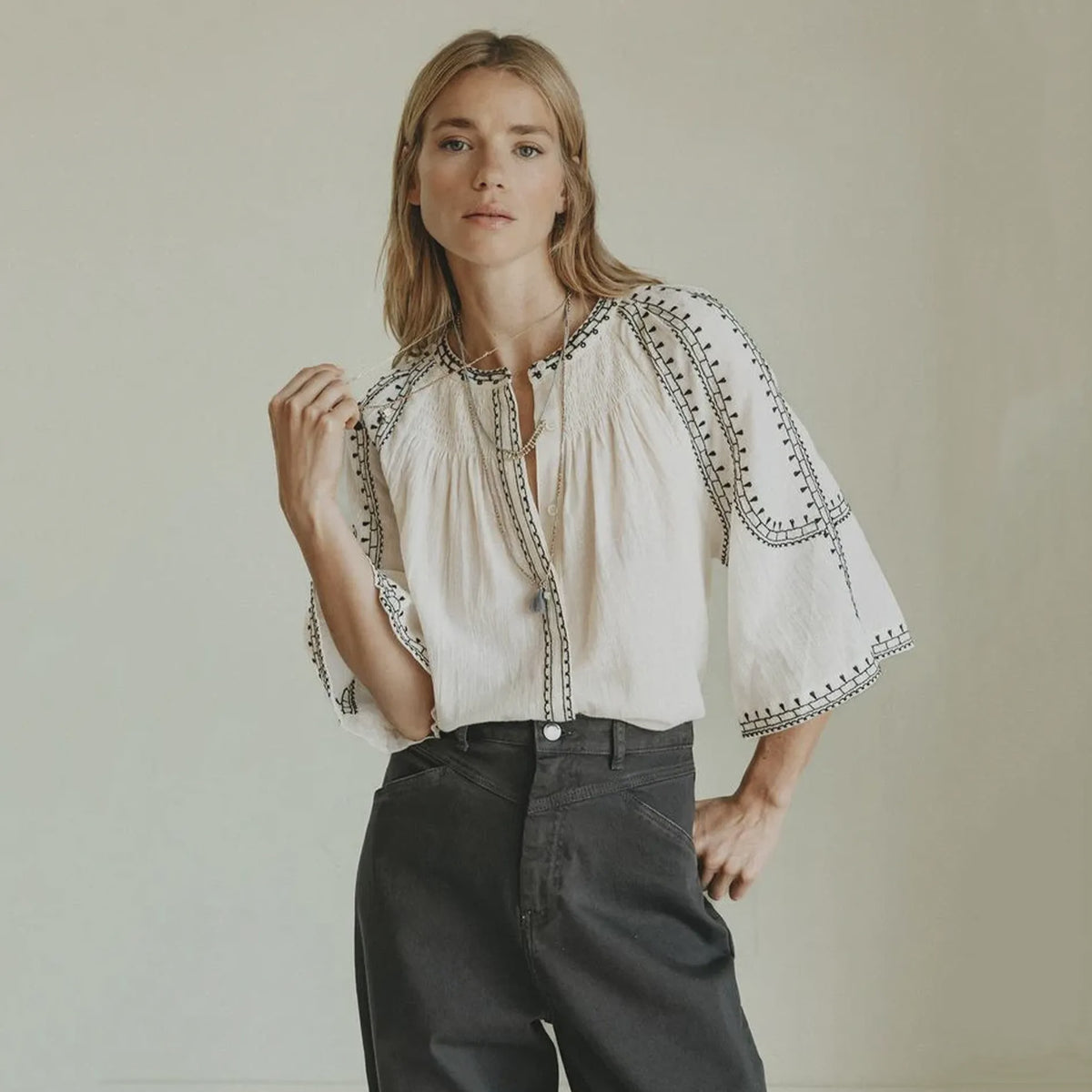 Indi & Cold Bell Sleeve Embroidered Shirt - Ecru