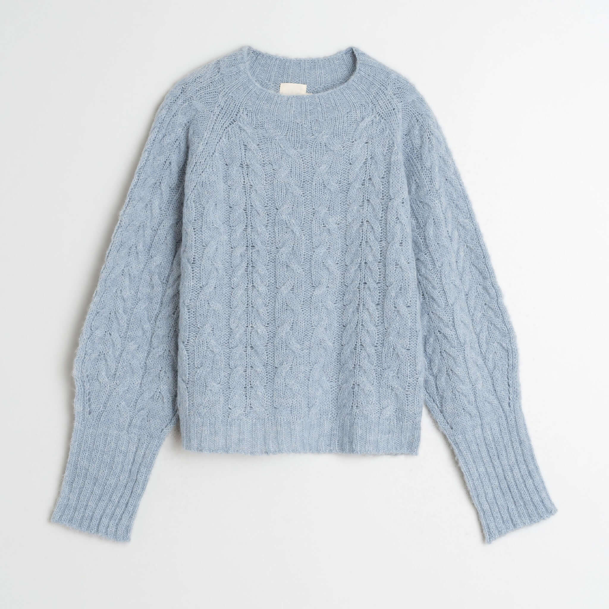 Alt Tag: Indi & Cold Cable Knit Alpaca Blend Jersey - Cielo blue braided cable knit alpaca blend sweater, crew neck, raglan sleeves