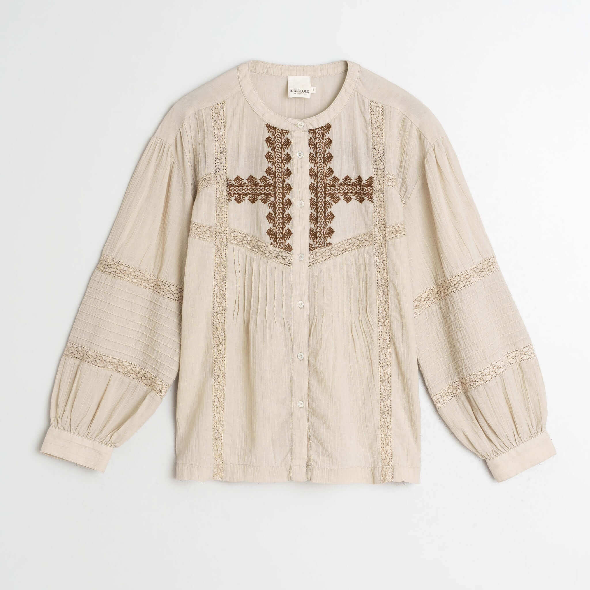 Alt Tag: Indi & Cold Organic Cotton Ethnic Embroidered Blouse - Stone organic cotton gauze blouse with ethnic embroidery and balloon sleeves