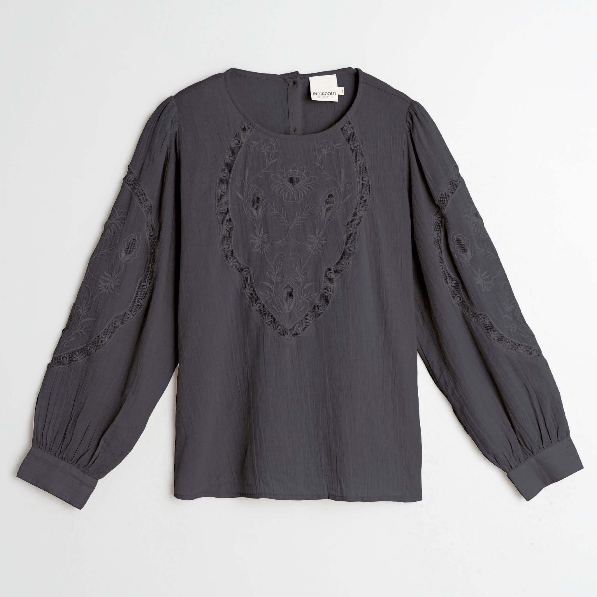 Alt Tag: Indi & Cold Organic Cotton Romantic Embroidered Blouse - Black, black organic cotton gauze floral embroidered A-line blouse