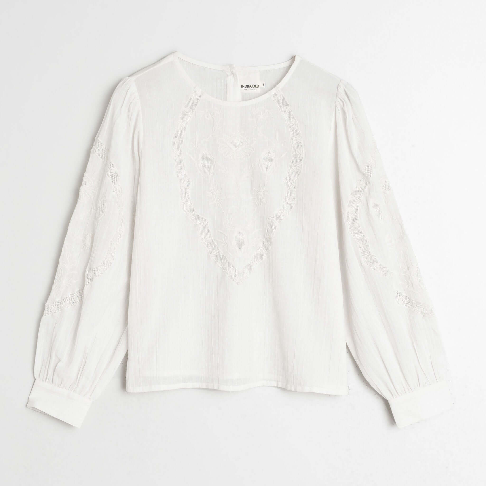 Alt Tag: Indi & Cold Organic Cotton Romantic Embroidered Blouse - White, white organic cotton gauze blouse with floral embroidery and long sleeves
