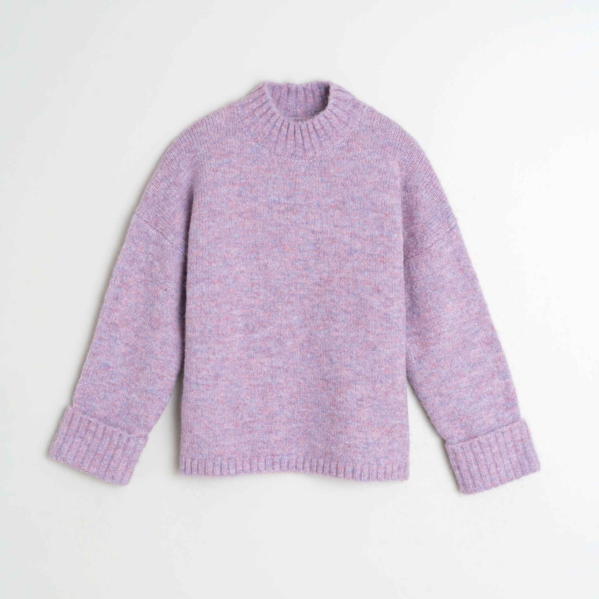 Alt Tag: Indi & Cold Perkins Collar Jersey - Mauve relaxed dropped-shoulder knit sweater with ribbed collar and cuffs