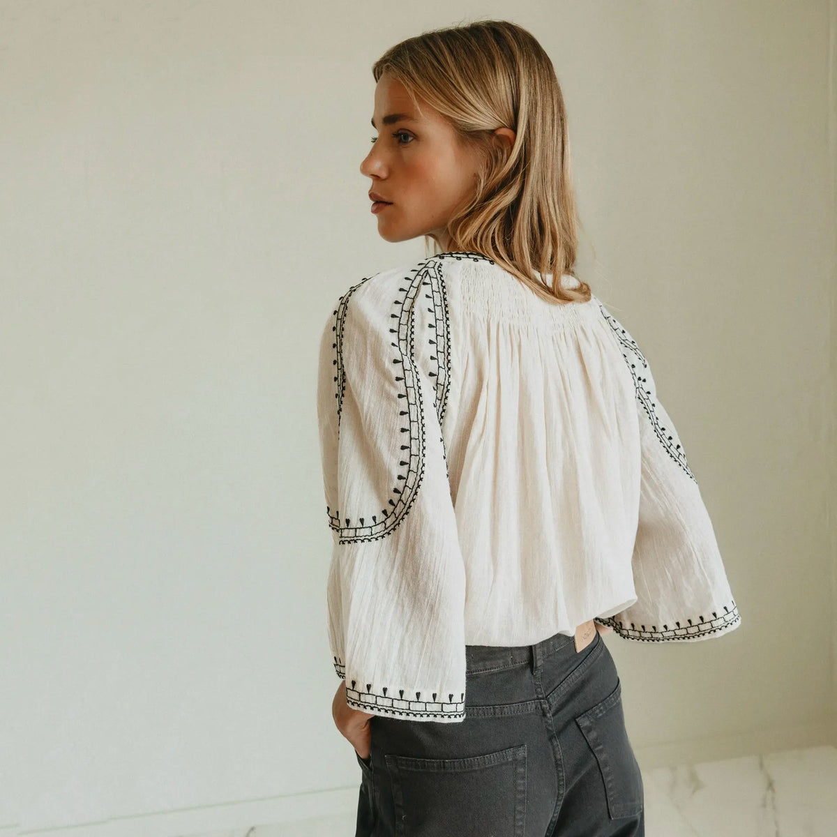 Indi & Cold Bell Sleeve Embroidered Shirt - Ecru