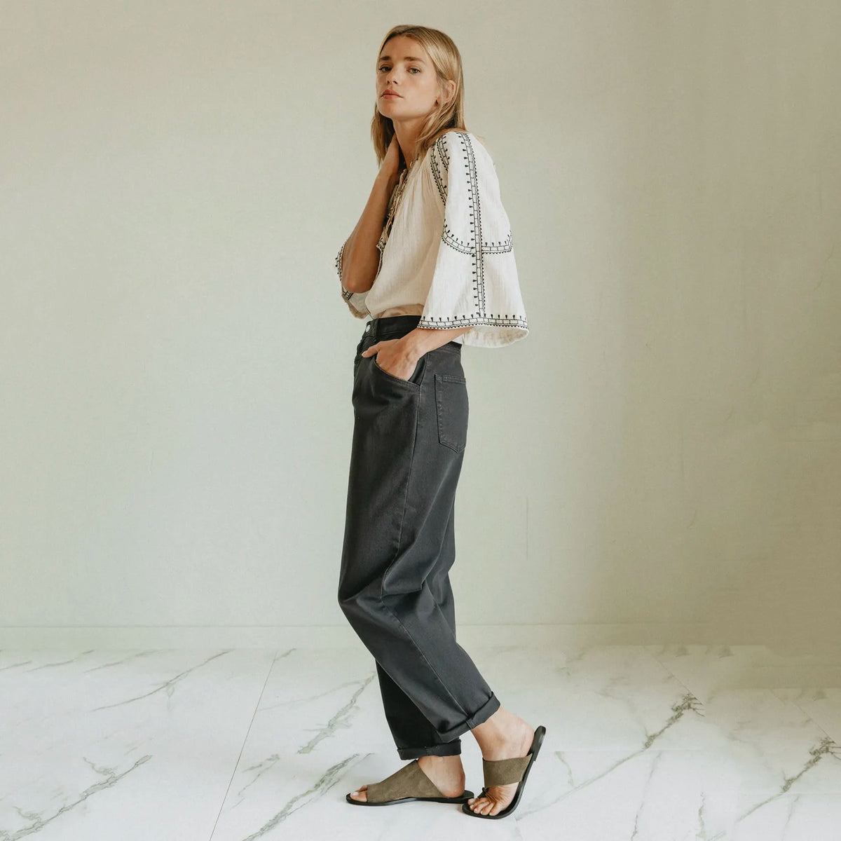 Indi & Cold Bell Sleeve Embroidered Shirt - Ecru