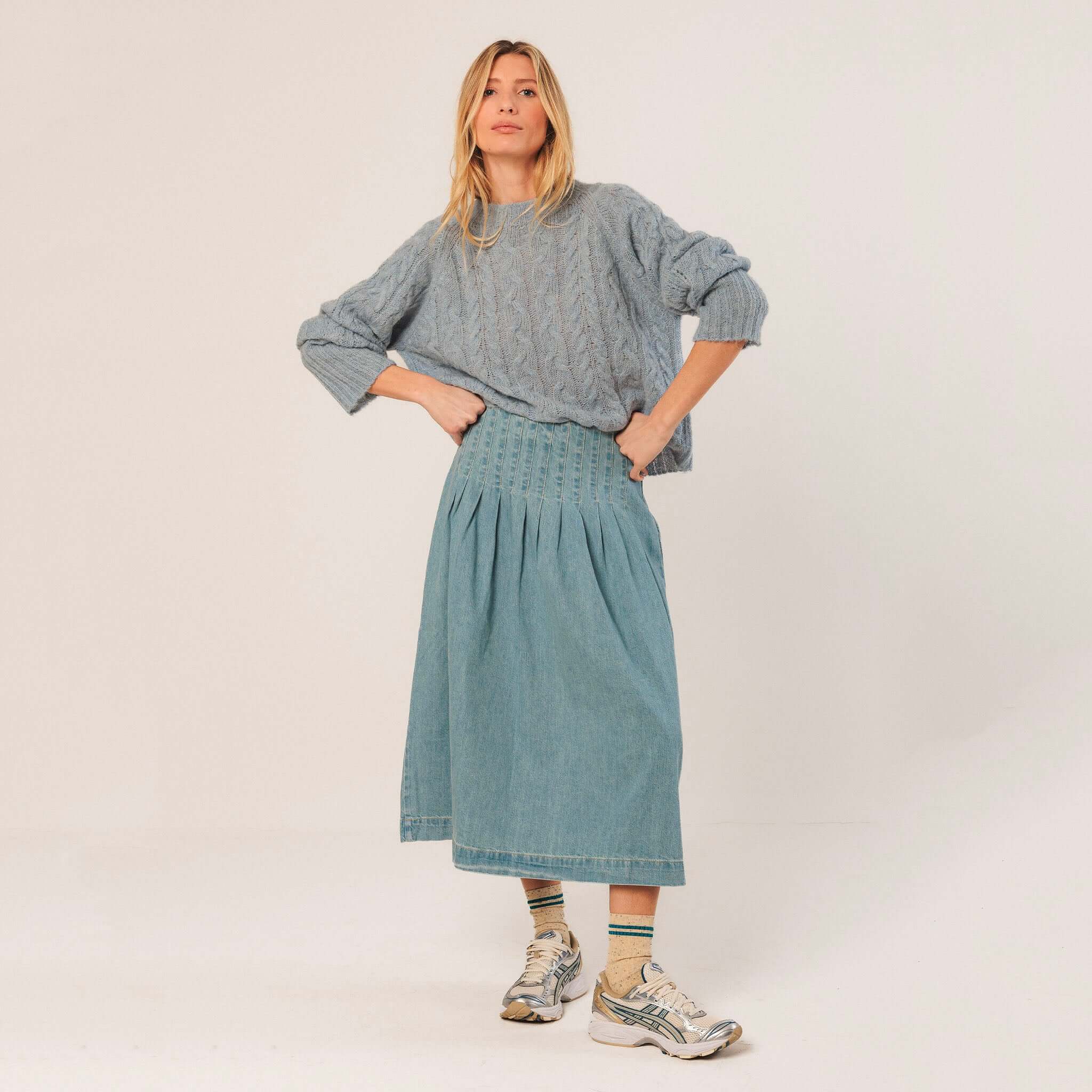 Alt Tag: Indi & Cold Cable Knit Alpaca Blend Jersey - Cielo blue braided knit cropped sweater with crew neck and raglan sleeves