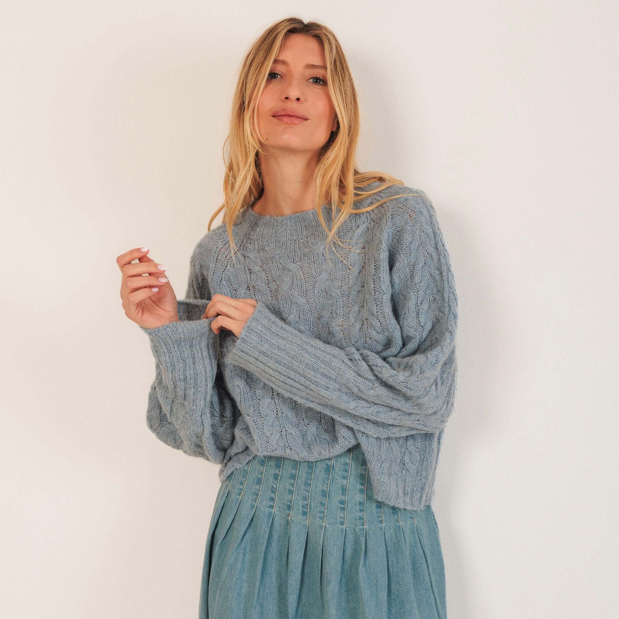 Indi & Cold Cable Knit Alpaca Blend Jersey - Cielo blue braided cable knit cropped sweater with crew neck and raglan sleeves