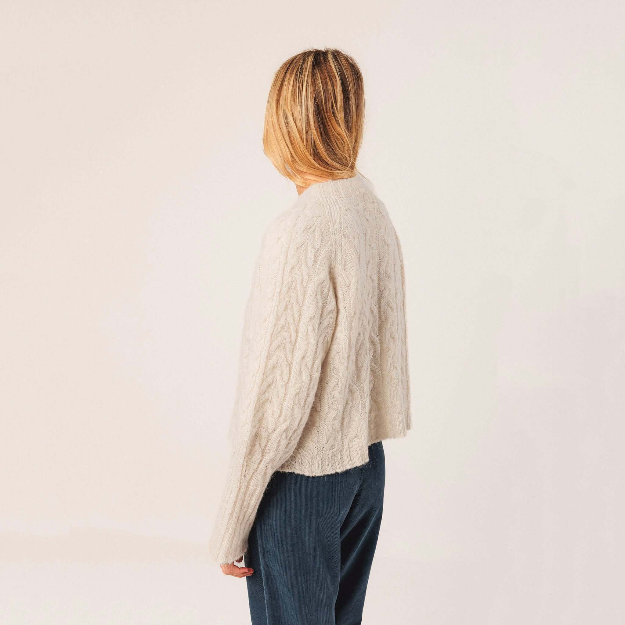 Indi & Cold Cable Knit Aplaca Blend Jersey - Crudo off-white braided cable knit alpaca blend sweater, back view