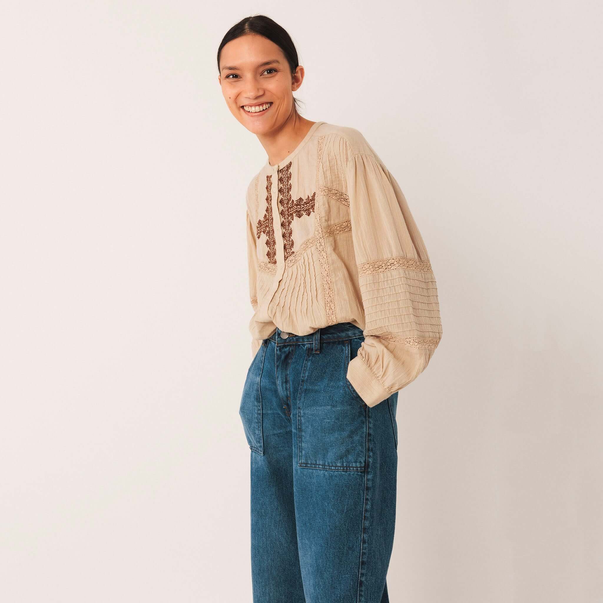 Indi & Cold Organic Cotton Ethnic Embroidered Blouse - Stone on model, organic cotton gauze blouse with ethnic embroidery and balloon sleeves