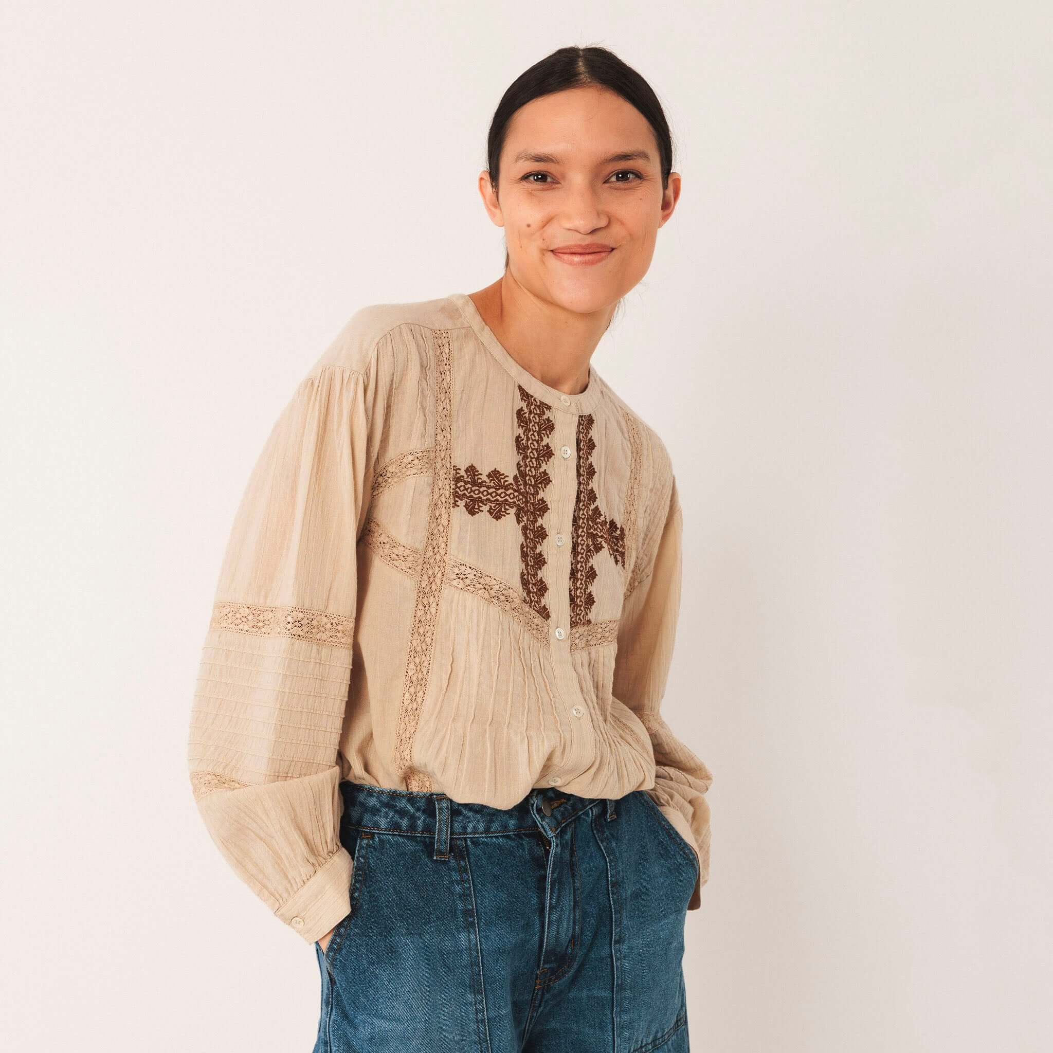 Indi & Cold Organic Cotton Ethnic Embroidered Blouse - Stone on model, organic cotton gauze, balloon sleeves, ethnic embroidery