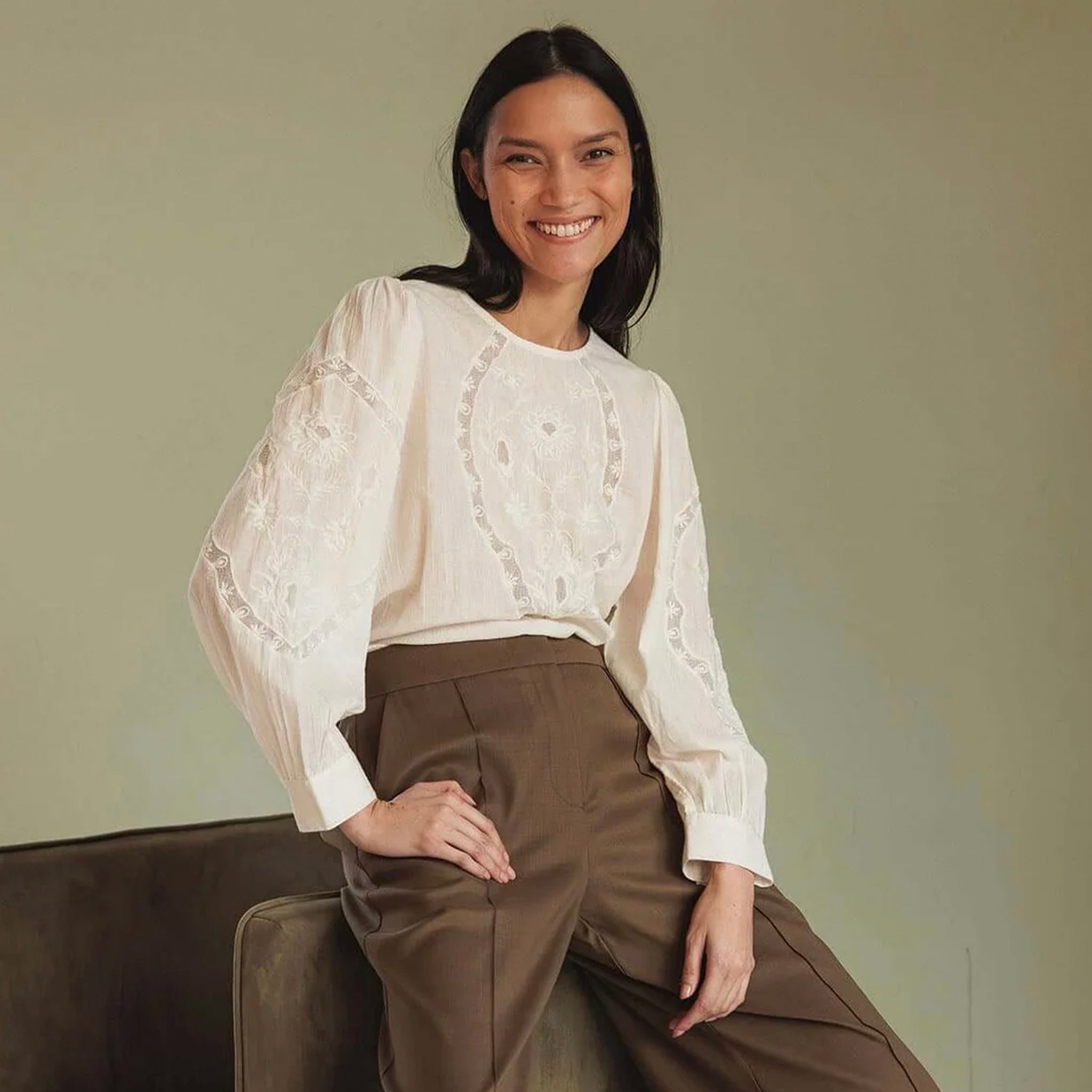 Alt Tag: Indi & Cold Organic Cotton Romantic Embroidered Blouse - White on model, floral embroidered organic cotton gauze blouse with puff sleeves