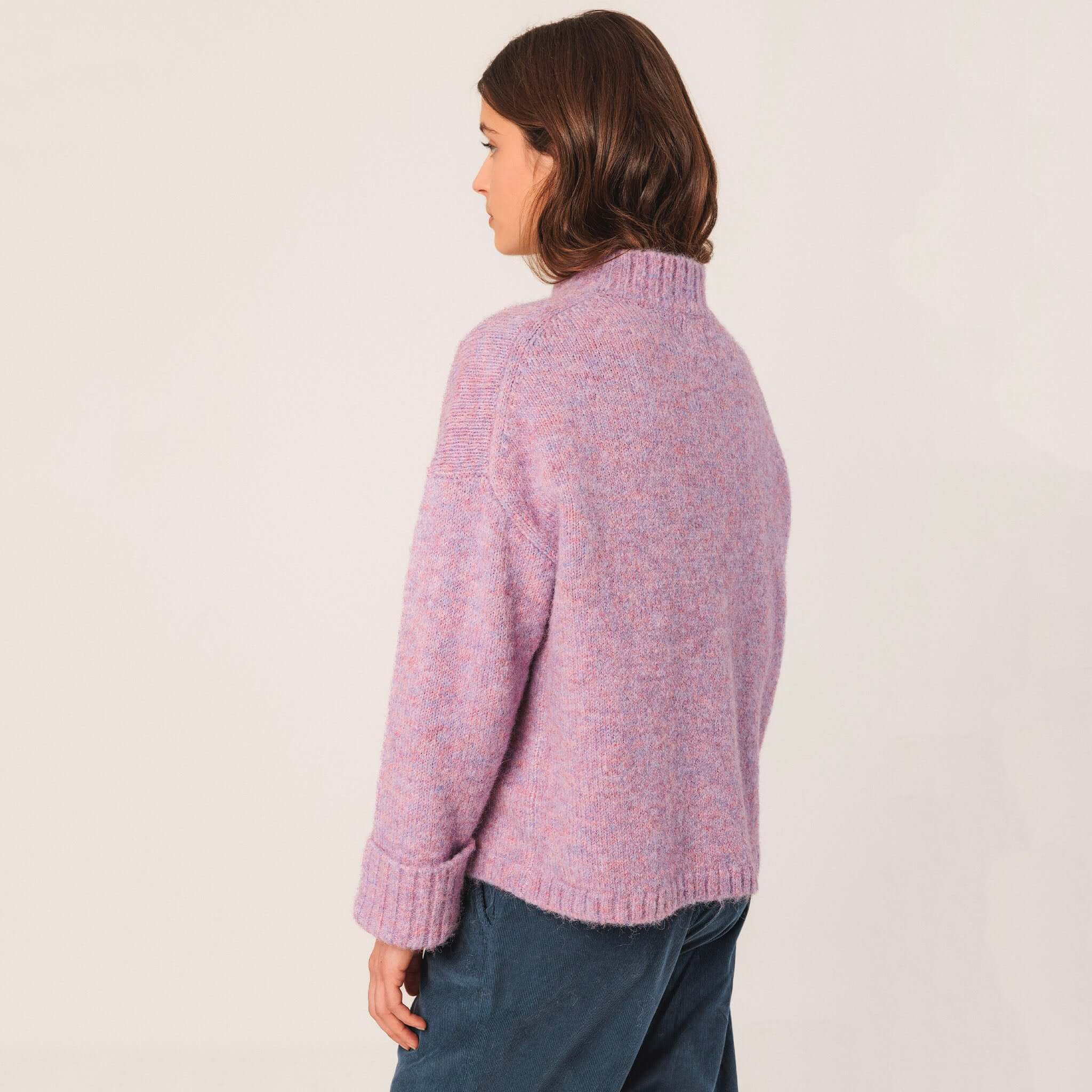 Indi & Cold Perkins Collar Jersey - Mauve back view, relaxed dropped-shoulder knit sweater with Perkins collar, easy winter layering