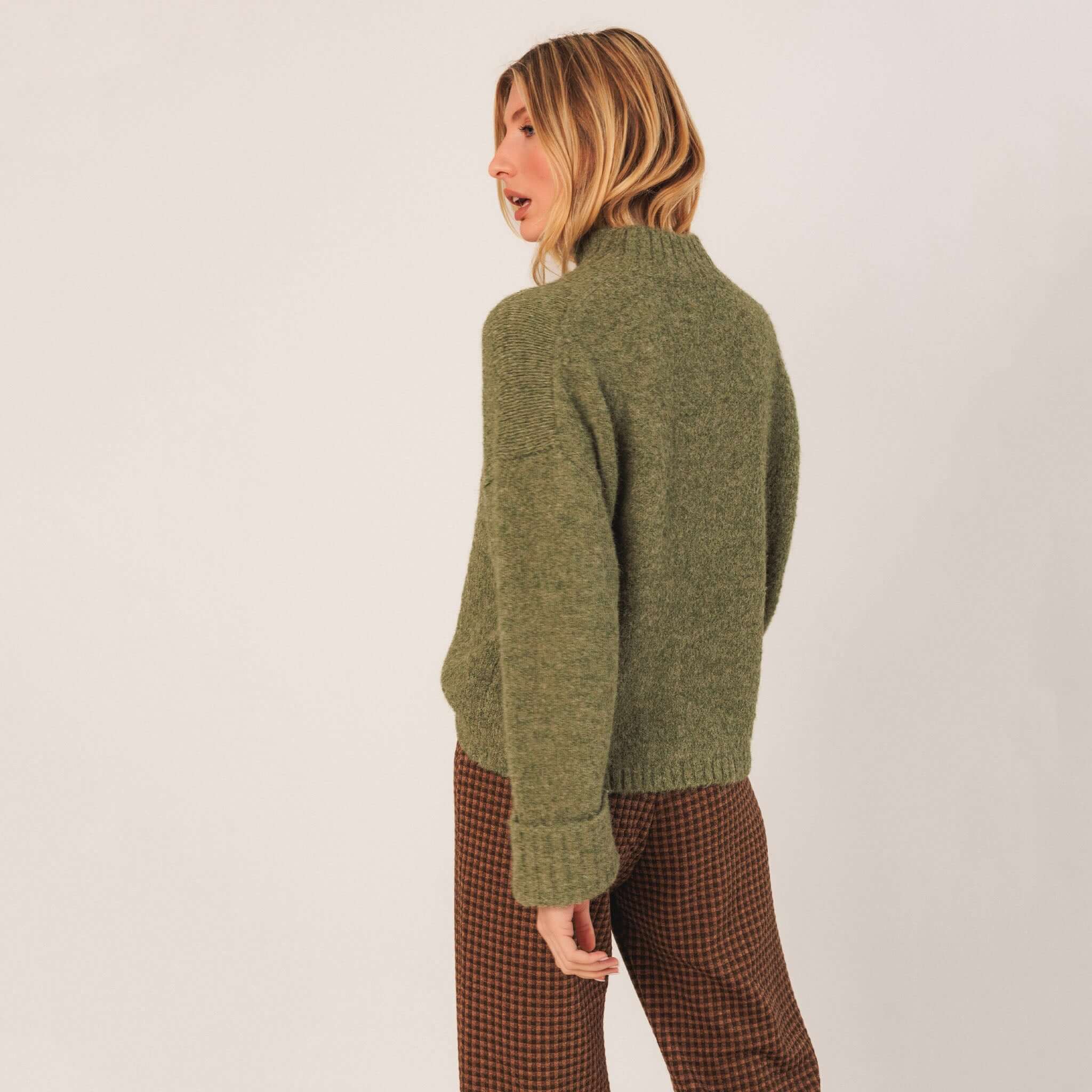 Indi & Cold Perkins Collar Jersey - Mint relaxed dropped-shoulder knit sweater back view, easy layering winter essential