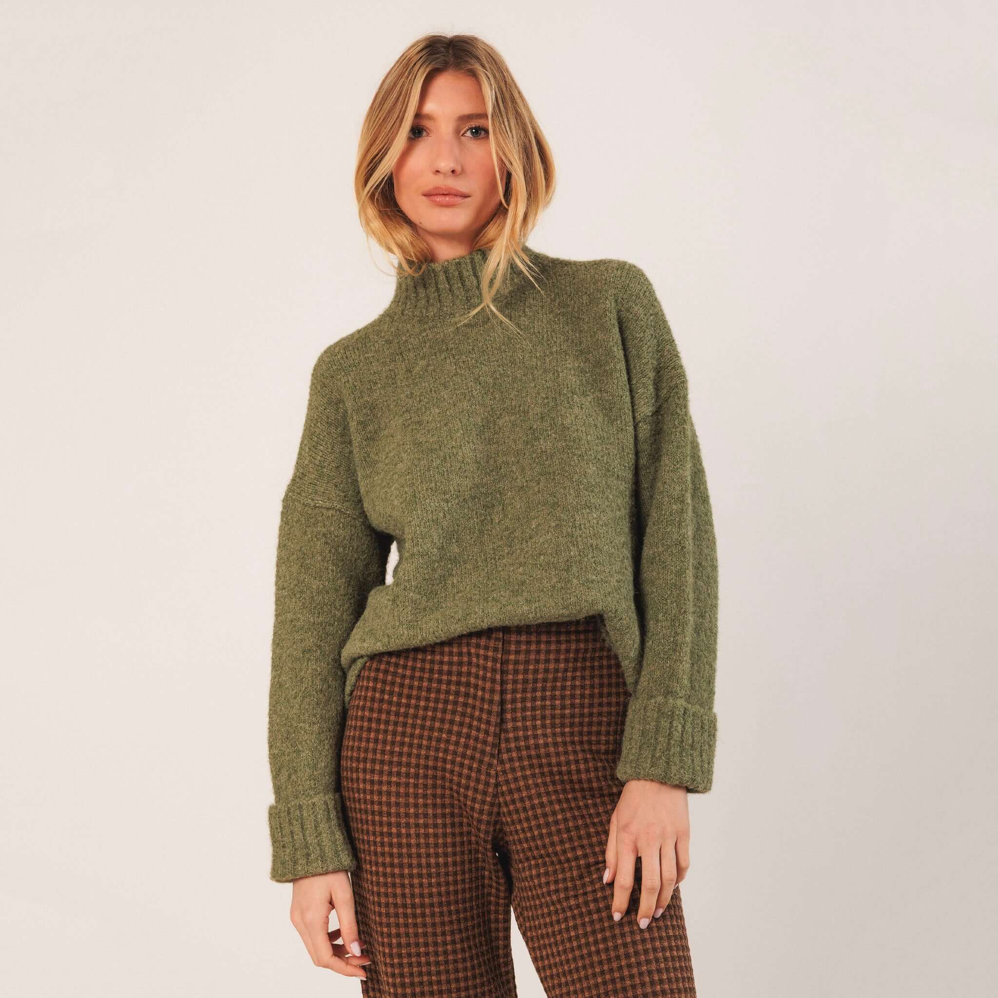 Indi & Cold Perkins Collar Jersey - Mint worn by model, relaxed dropped-shoulder knit sweater for easy layering