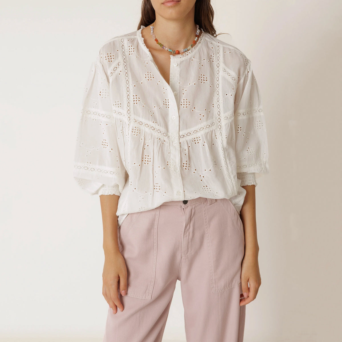 Indi & Cold Schiffli Embroidered Shirt - White