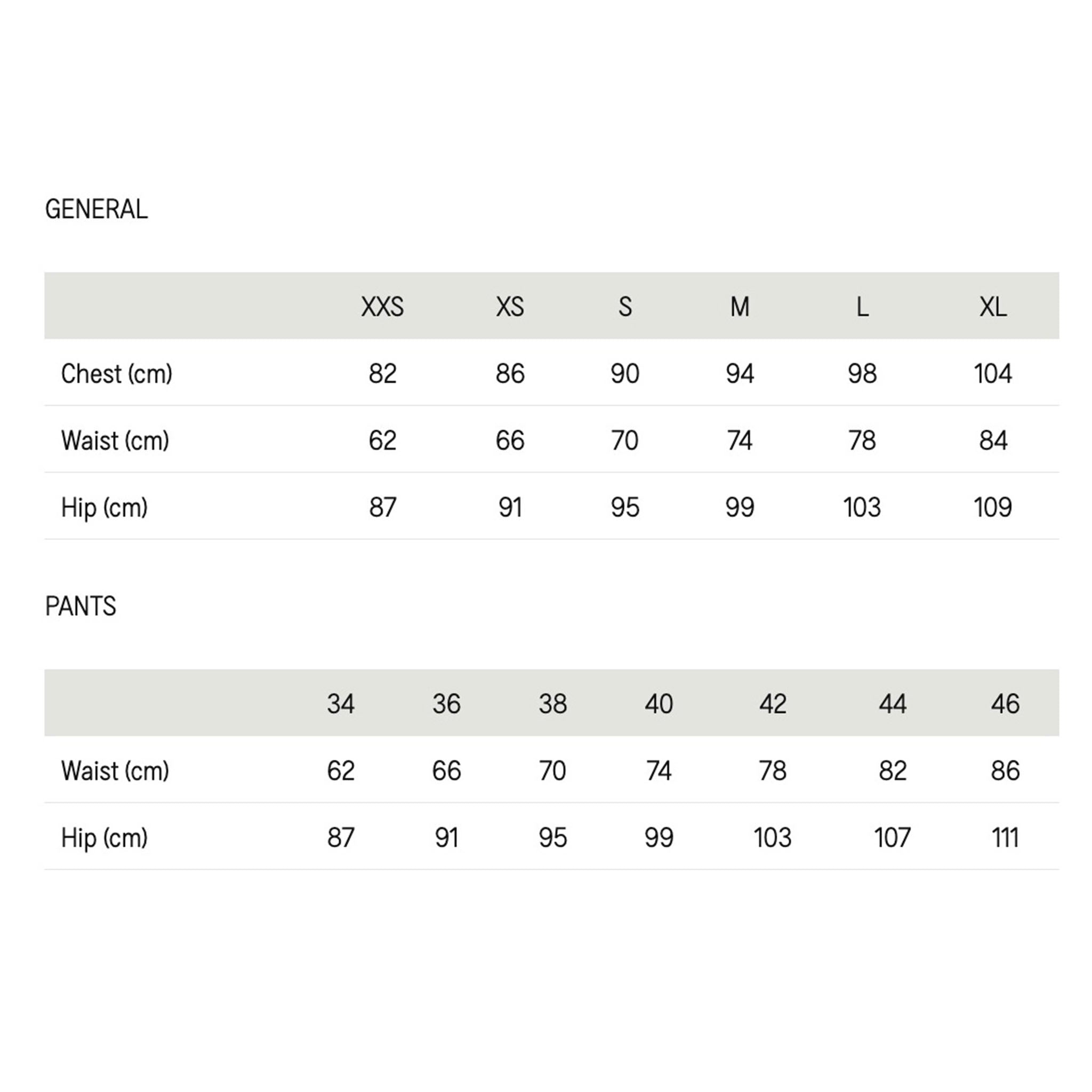 Indi & Cold Cable Knit Aplaca Blend Jersey - Crudo size chart with general and pants measurements in cm (chest, waist, hip)