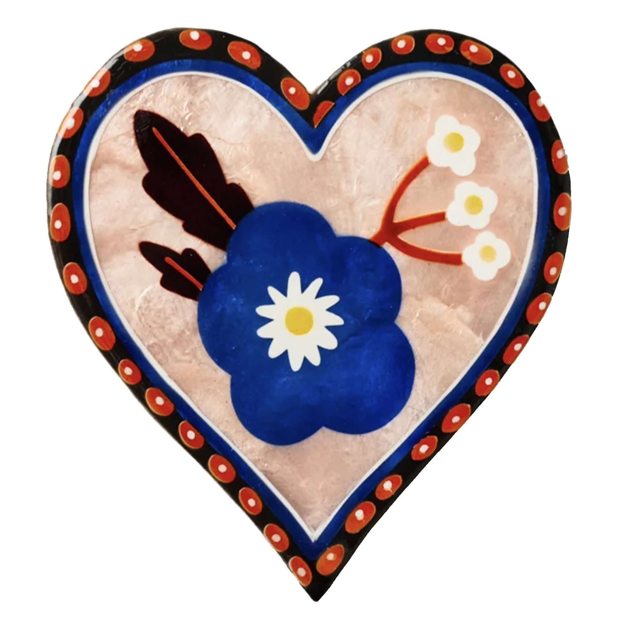Jones & Co Capiz Shell Bloom Nouveau Series Wall Art - Blue Heart featuring a cobalt flower and delicate daisy blooms.