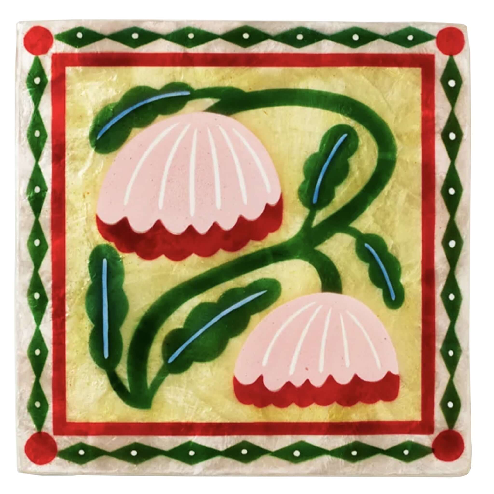 Jones & Co Capiz Shell Bloom Nouveau Series Wall Art - Yellow Square featuring floral design in pink, red, and green on yellow.