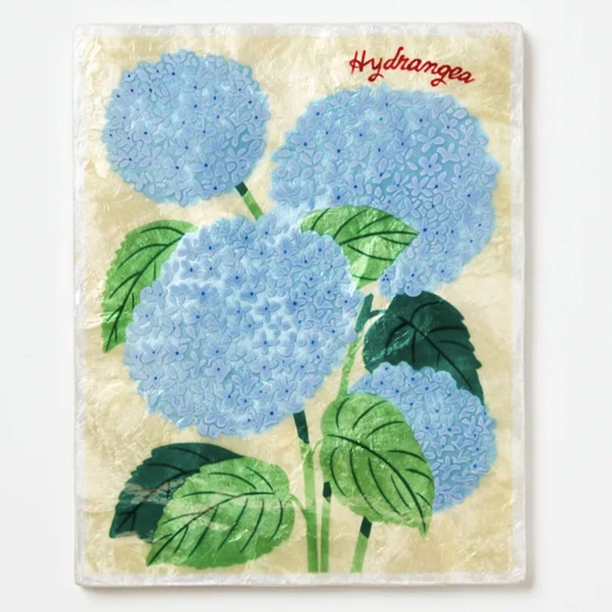 Jones & Co Capiz Shell Market Wall Art - Hydrangea with hand-painted blue hydrangea flowers on a golden background.