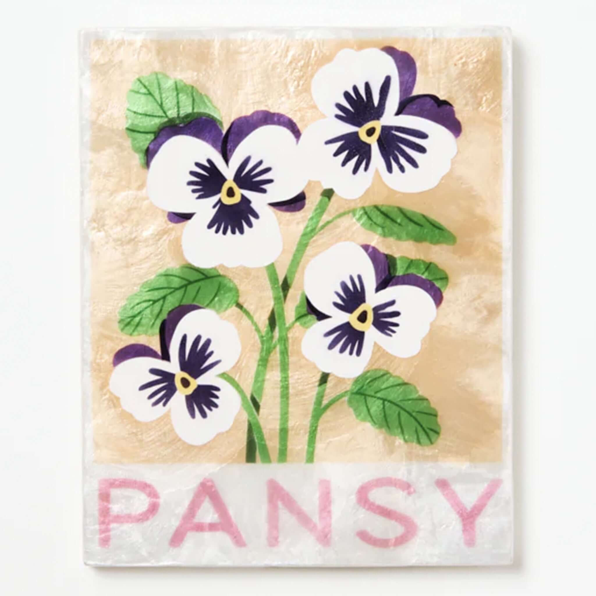 Jones & Co Capiz Shell Market Wall Art - Pansy featuring hand-painted pansy flowers on a golden background.
