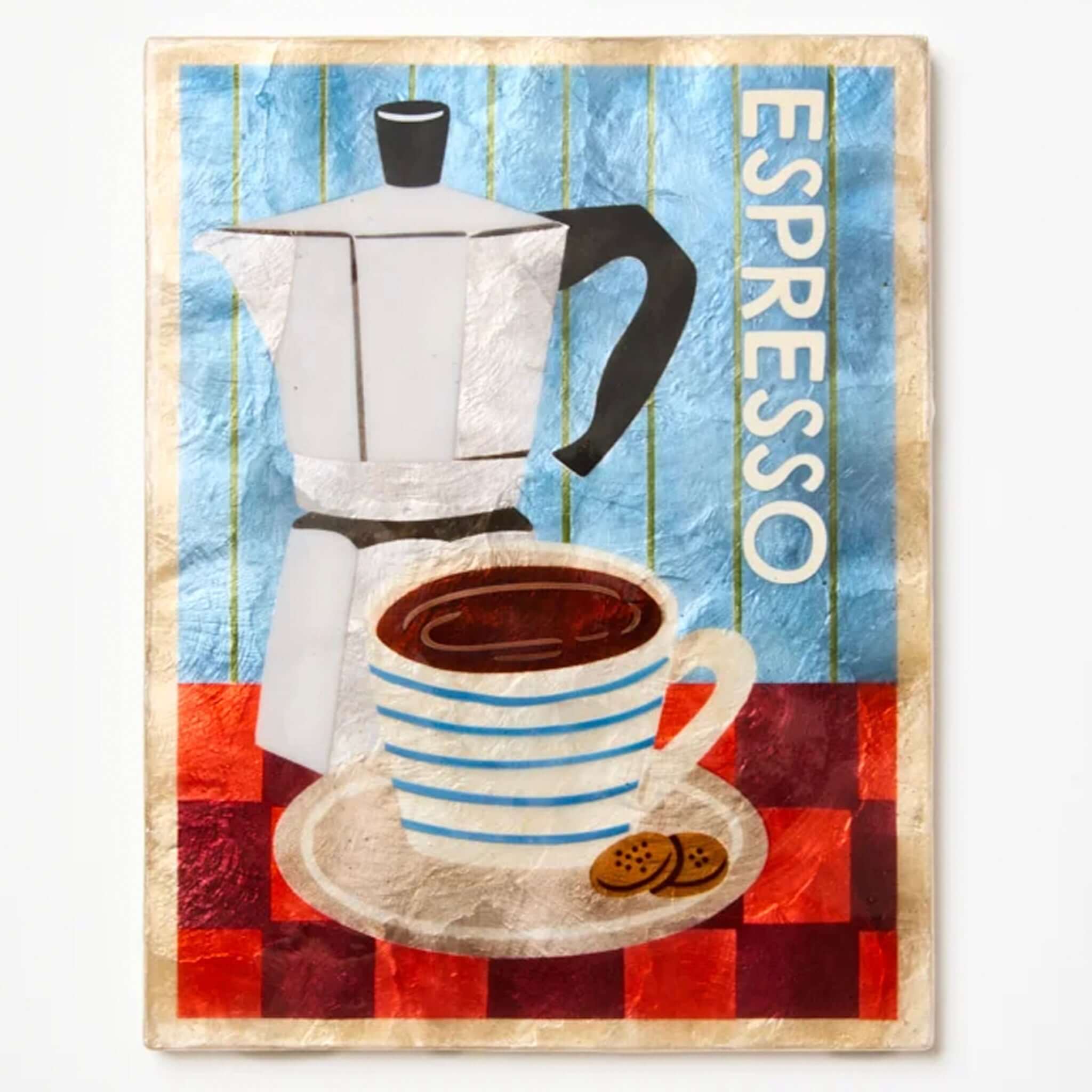 Jones & Co Capiz Shell Barista Series Wall Art - Espresso featuring a Moka pot and striped cup.