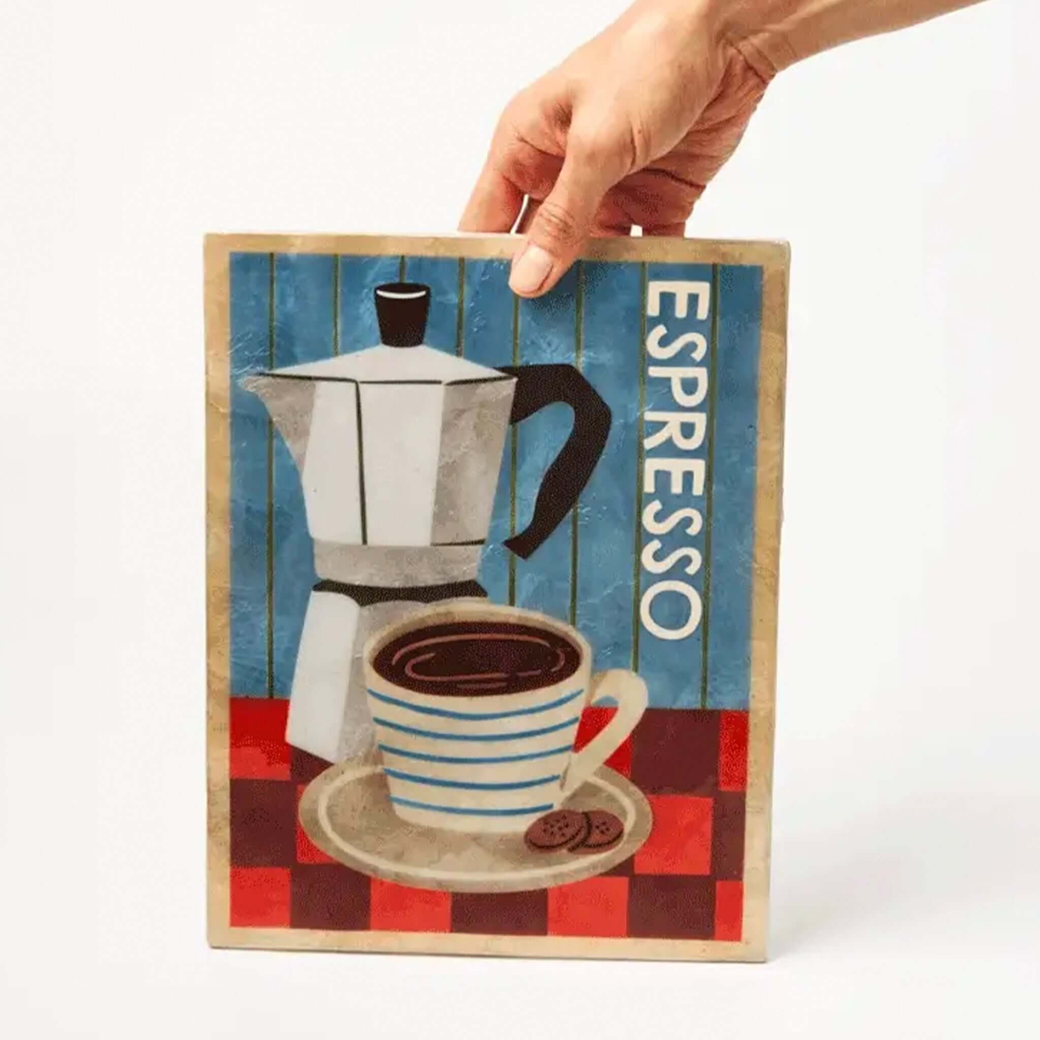 Jones & Co Capiz Shell Barista Series Wall Art - Espresso featuring a Moka pot and striped cup on a red and blue background.