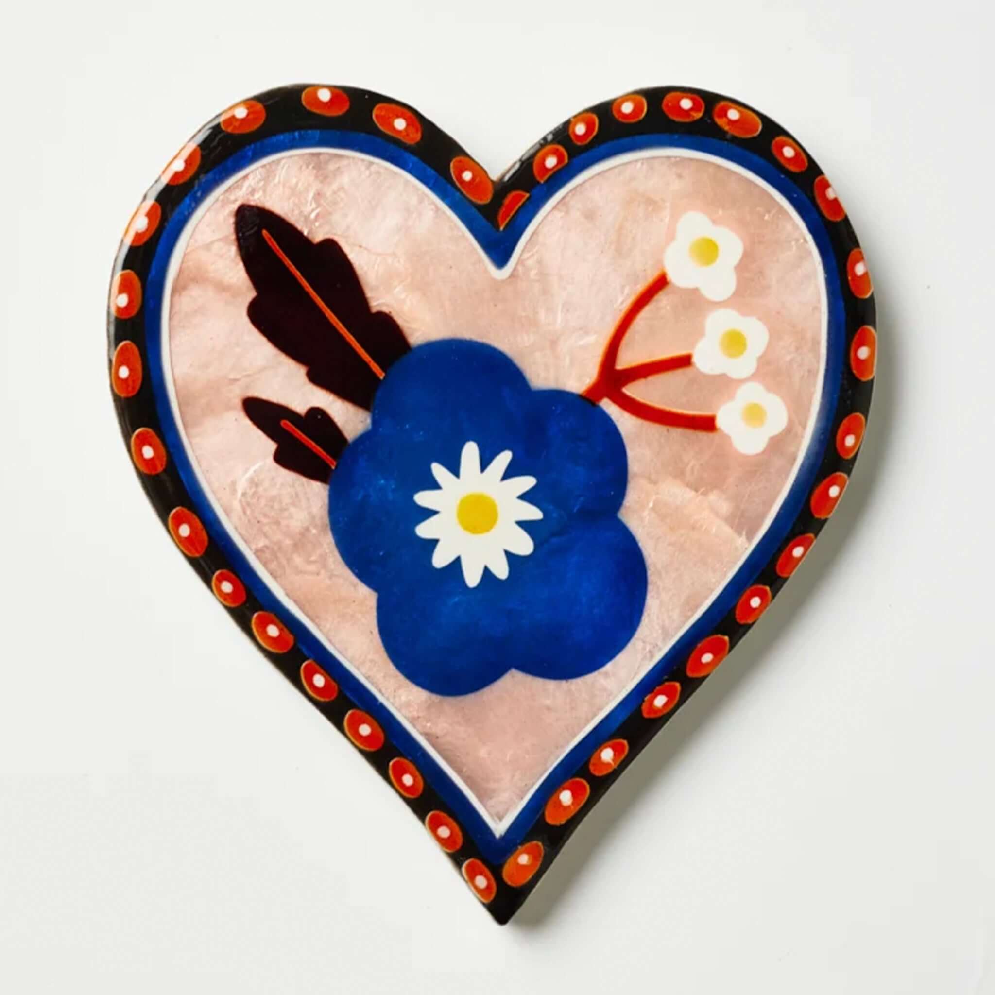 Jones & Co Capiz Shell Bloom Nouveau Series Wall Art - Blue Heart featuring cobalt flower and delicate leaves.