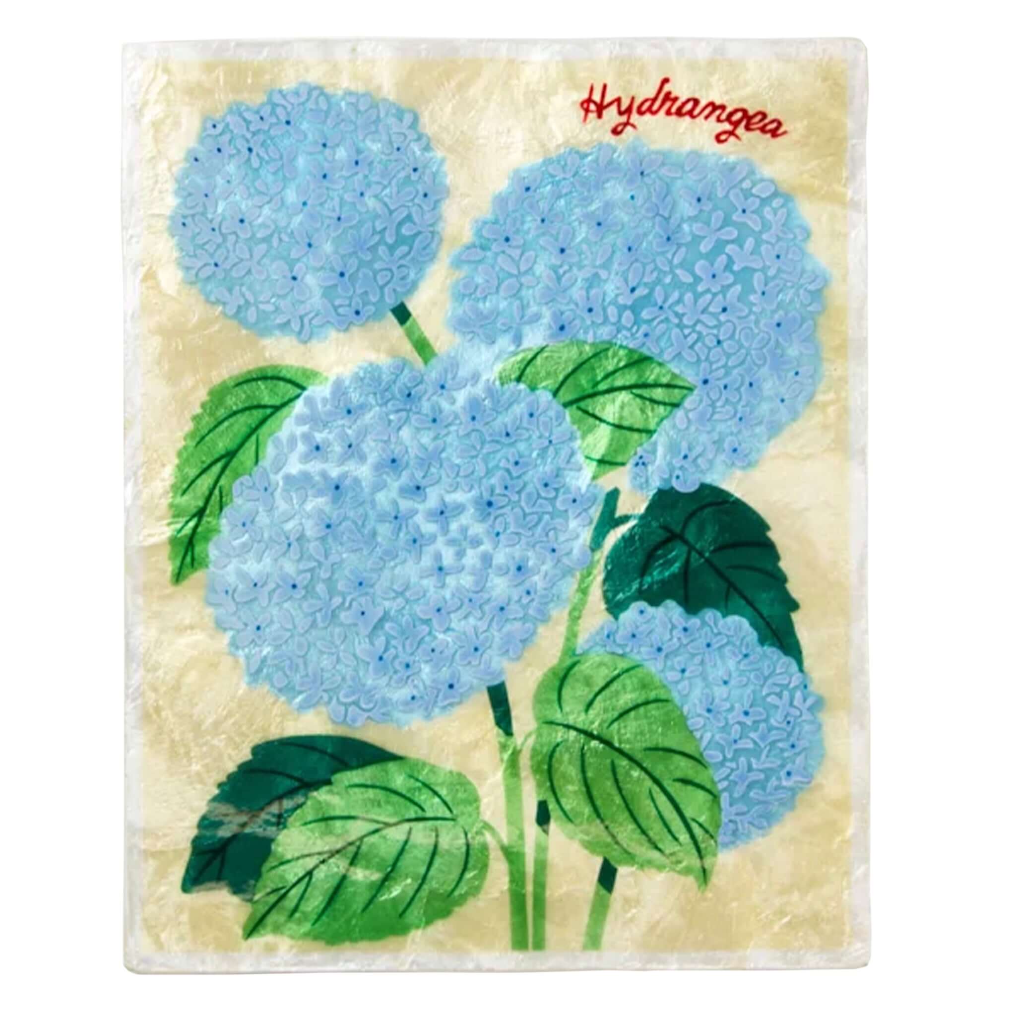 Jones & Co Capiz Shell Market Wall Art - Hydrangea featuring hand-painted blue hydrangea flowers on a golden background.